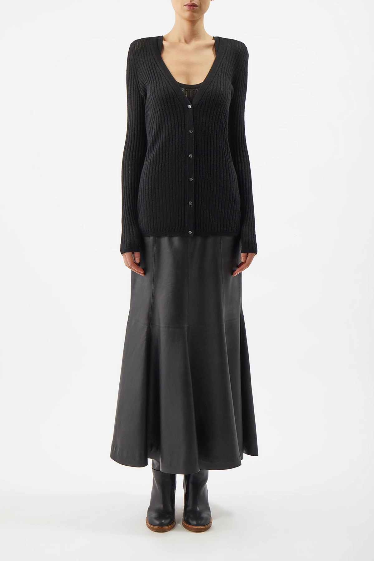 Mid Season Weekend Comfort Emma Pointelle Knit Cardigan in Black Cashmere Silk
