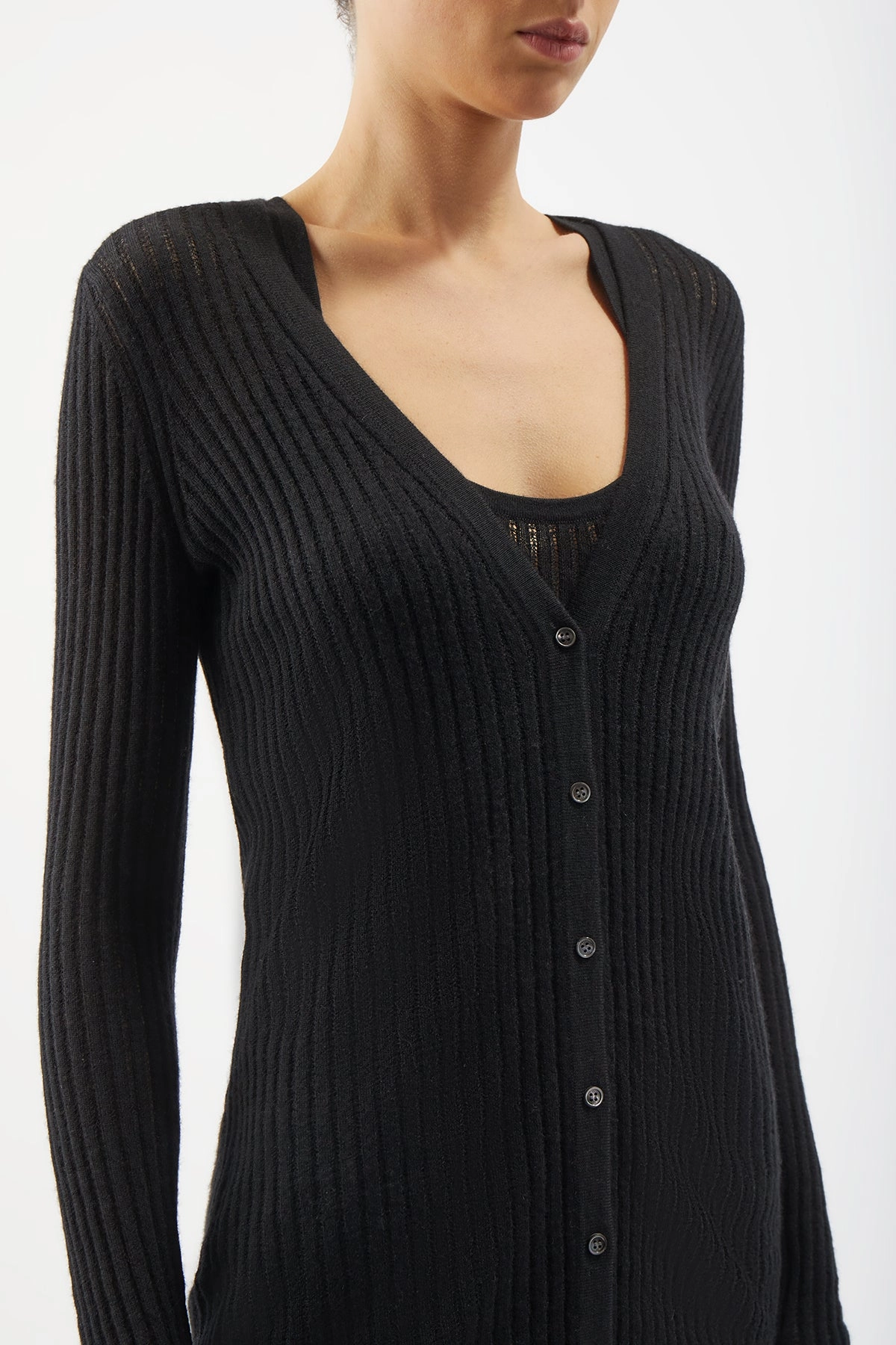 Emma Pointelle Knit Cardigan in Black Cashmere Silk Home Layer WaffleKnit Texture