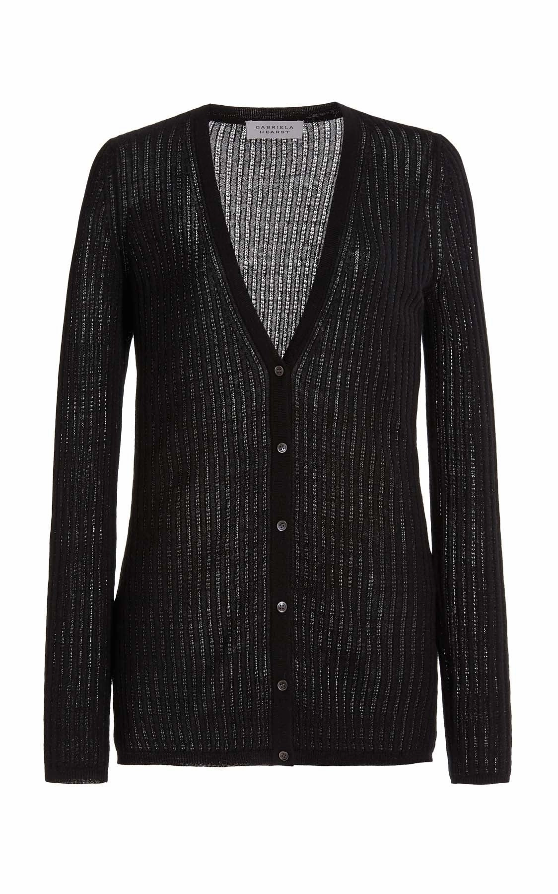 Emma Pointelle Knit Cardigan in Black Cashmere Silk Textured Weave Design