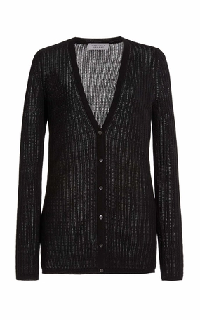Emma Pointelle Knit Cardigan in Black Cashmere Silk Textured Weave Design