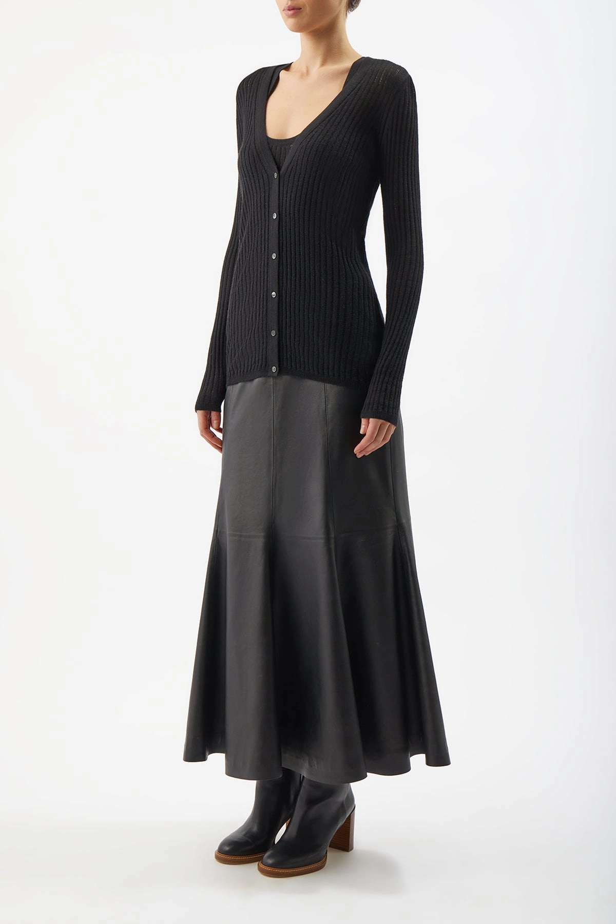 Gentle Fit Urban Casual Look Emma Pointelle Knit Cardigan in Black Cashmere Silk