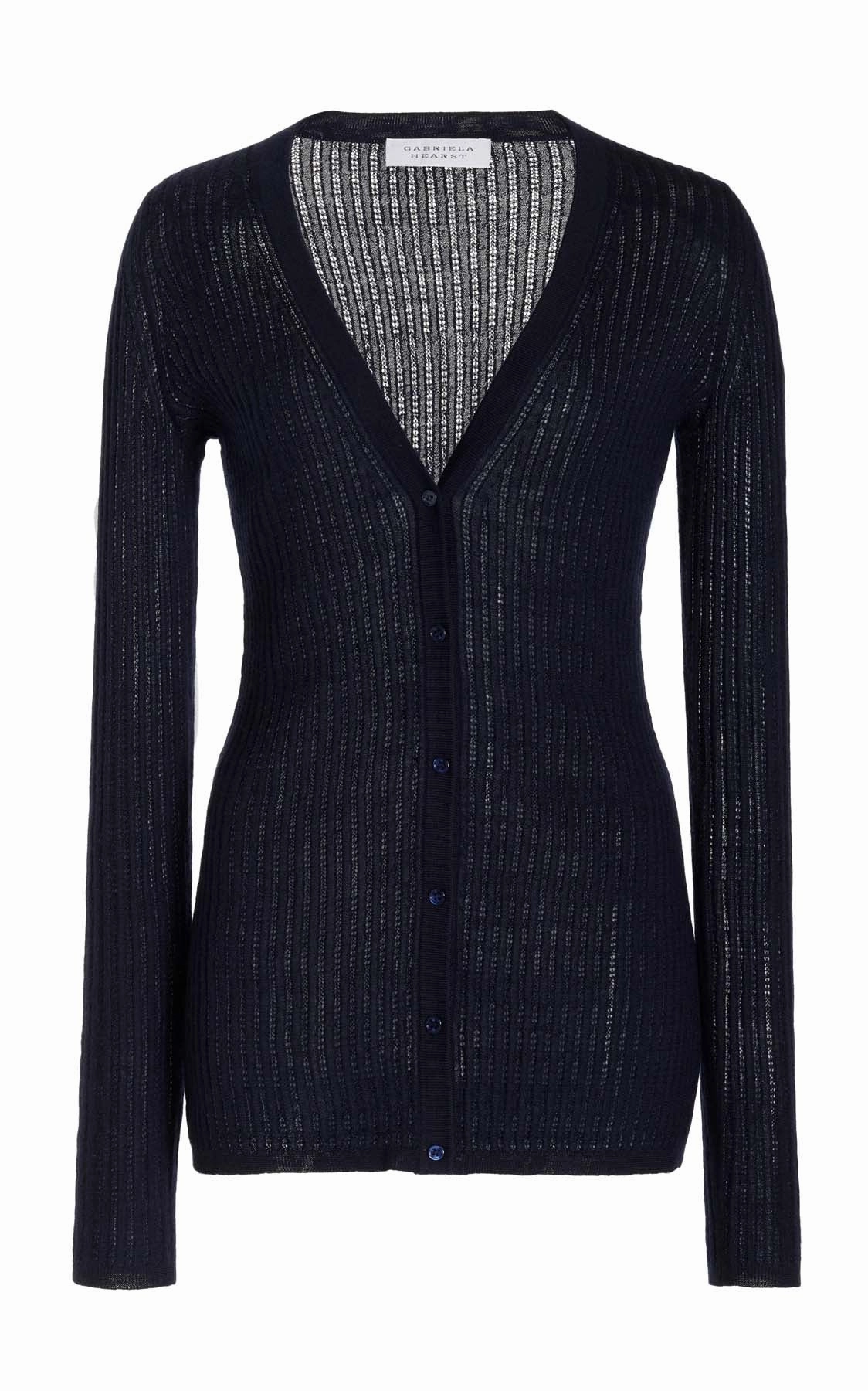 Layered Edge Trim City Casual Style Emma Pointelle Knit Cardigan in Dark Navy Cashmere Silk