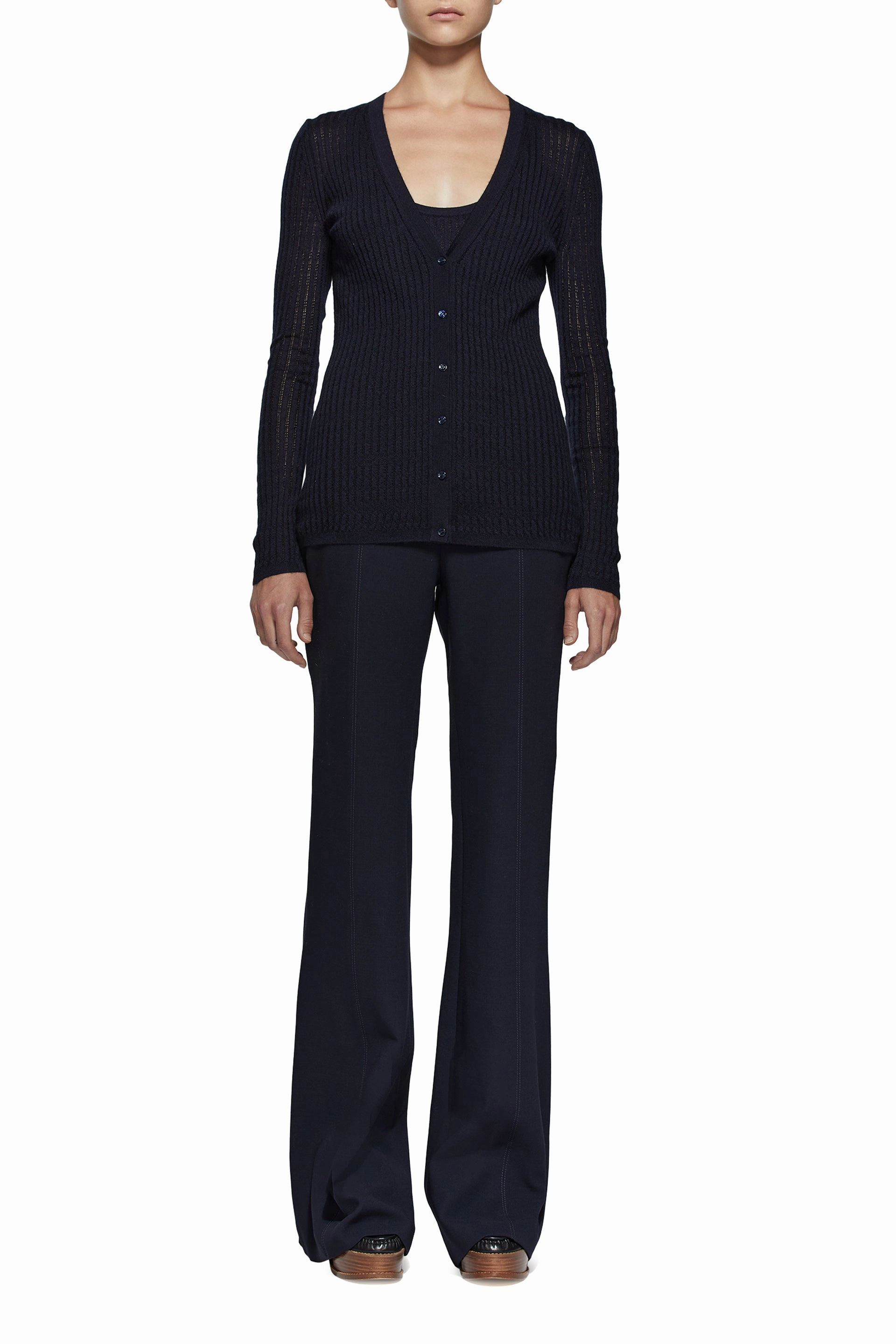 Emma Pointelle Knit Cardigan in Dark Navy Cashmere Silk Temperature Regulating Layered Knit Design