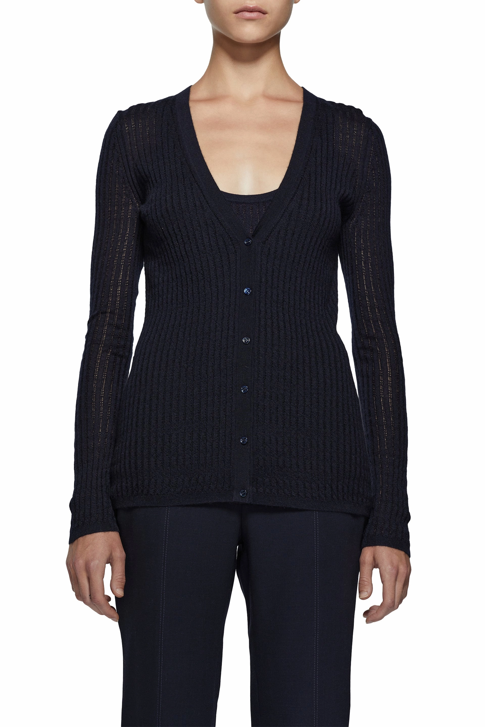 Emma Pointelle Knit Cardigan in Dark Navy Cashmere Silk Elastic hemline