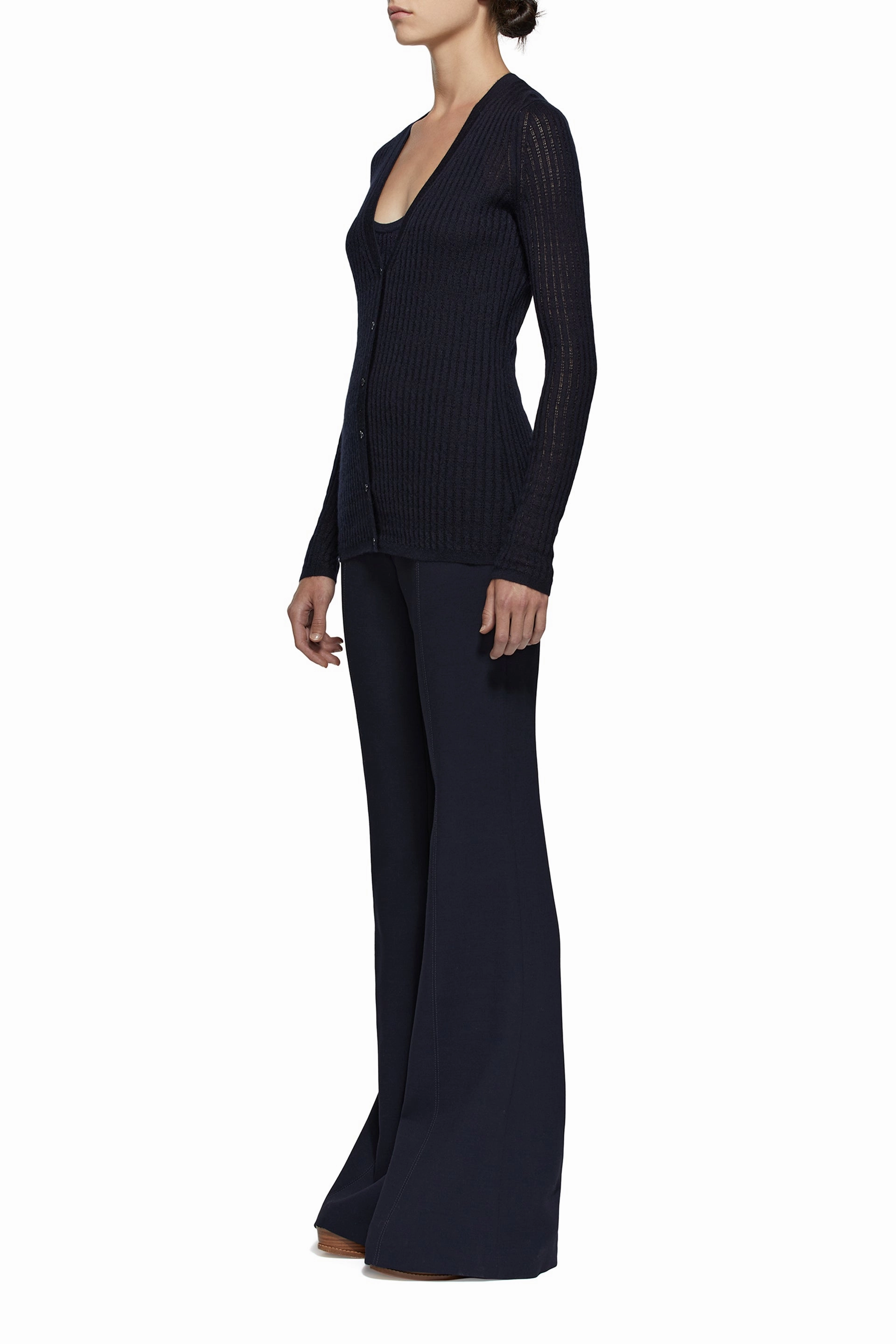 Emma Pointelle Knit Cardigan in Dark Navy Cashmere Silk Ribbed Edging Daily Comfort