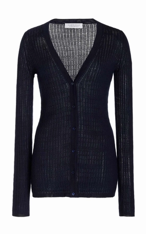 Thermoregulating Fabric Emma Pointelle Knit Cardigan in Dark Navy Cashmere Silk