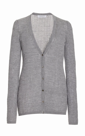Emma Pointelle Knit Cardigan in Heather Grey Cashmere Silk Snag Resistant Surface
