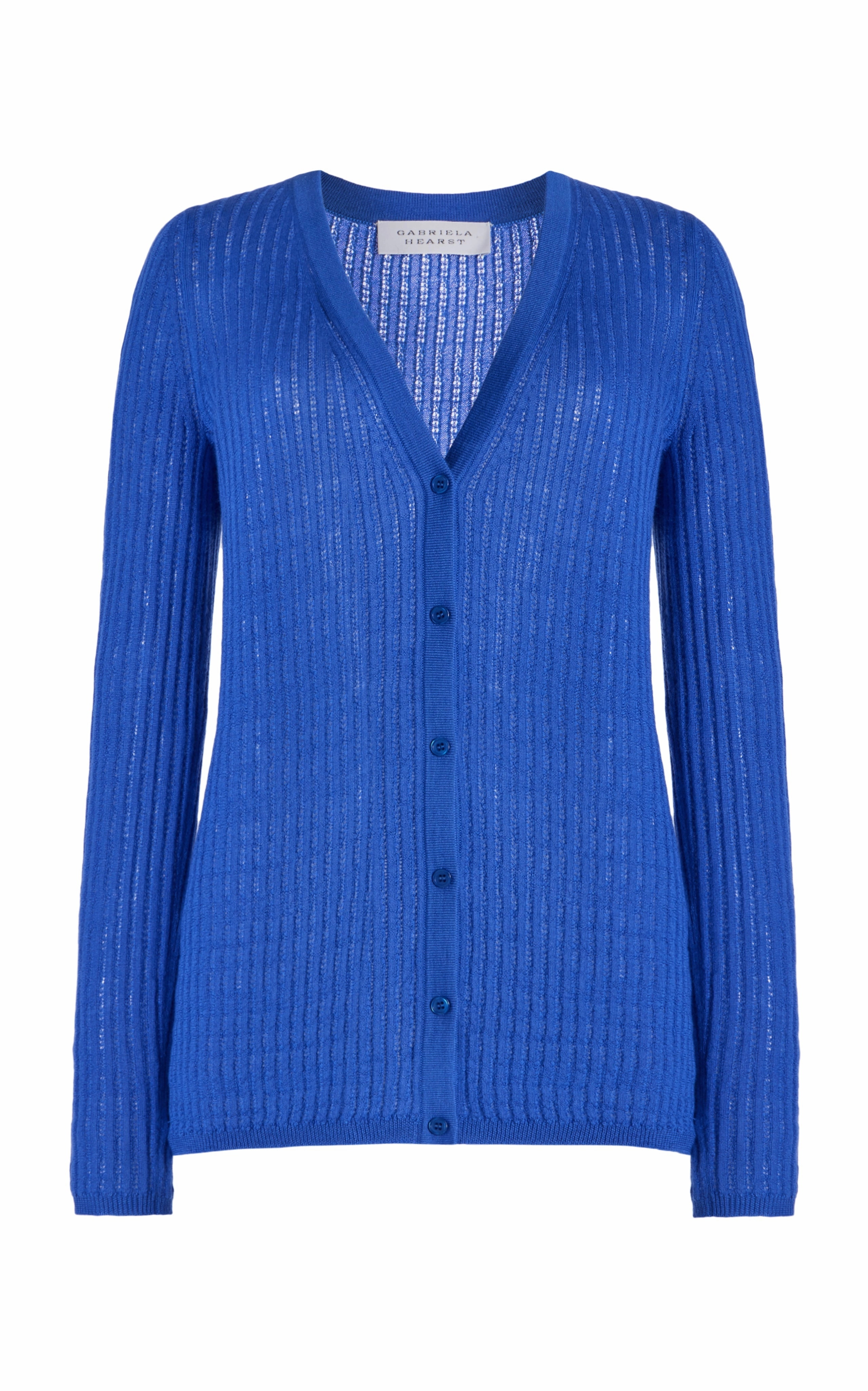 Emma Pointelle Knit Cardigan in Sapphire Cashmere Silk Textured Weave