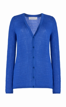 Emma Pointelle Knit Cardigan in Sapphire Cashmere Silk Textured Weave