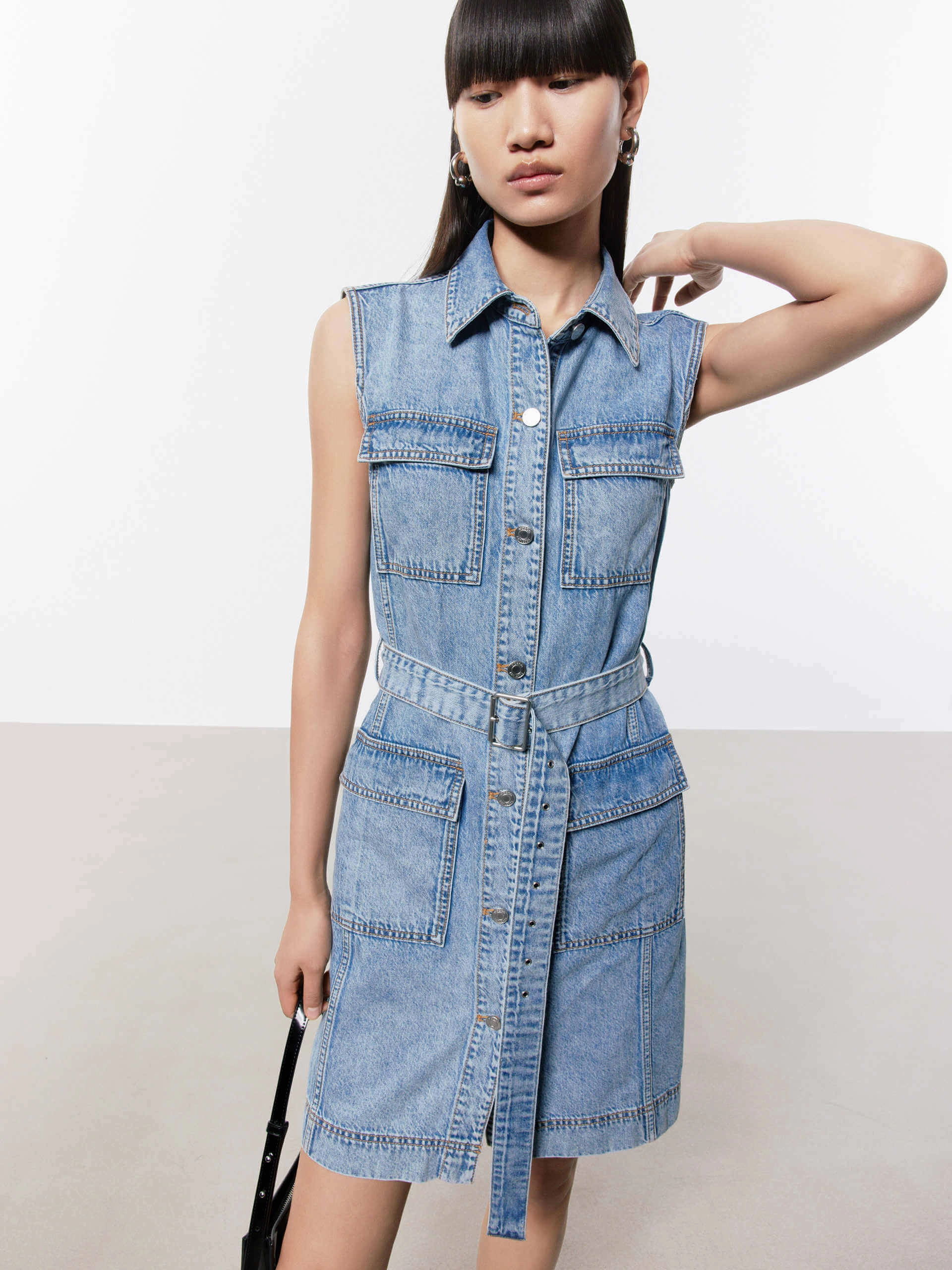 Theater-Night Belt Sleeveless Denim Dress