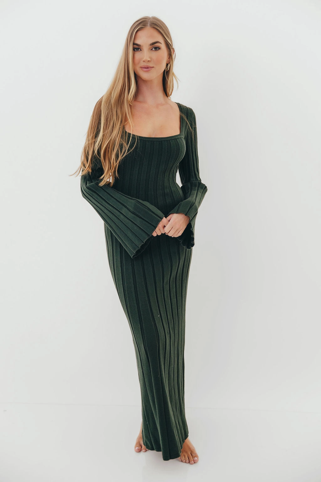 Rowan Square Neck Maxi Dress in Evergreen Soft Curve warm tones