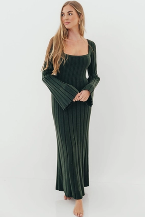 Shape Retention Lace-Edge Rowan Square Neck Maxi Dress in Evergreen