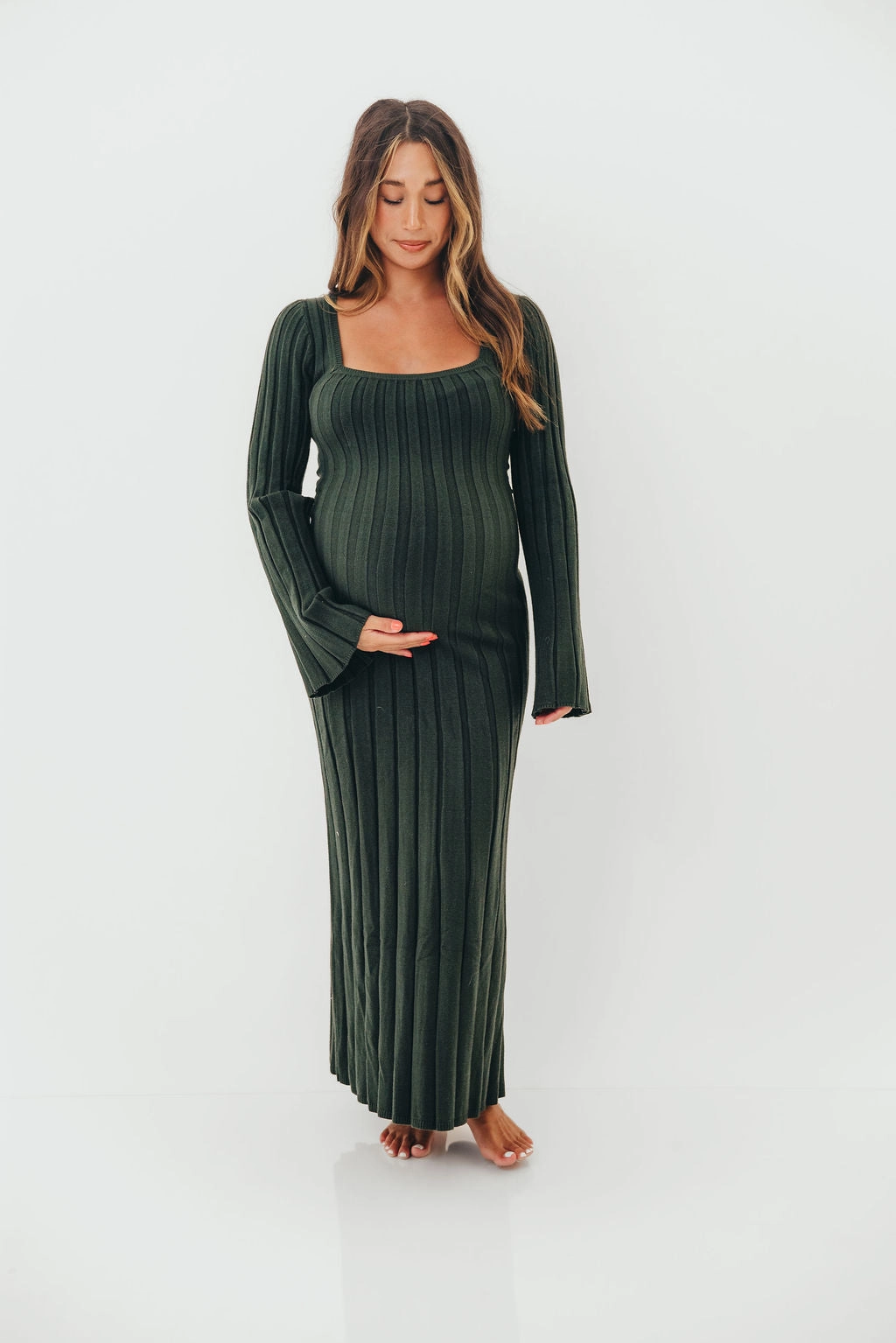 Sculpted Detail Slimming Shape Rowan Square Neck Maxi Dress in Evergreen