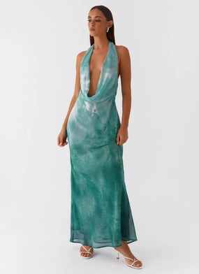 Pose Glow Warranty-Included Nerissa Cowl Neck Maxi Dress - Green Tie Dye