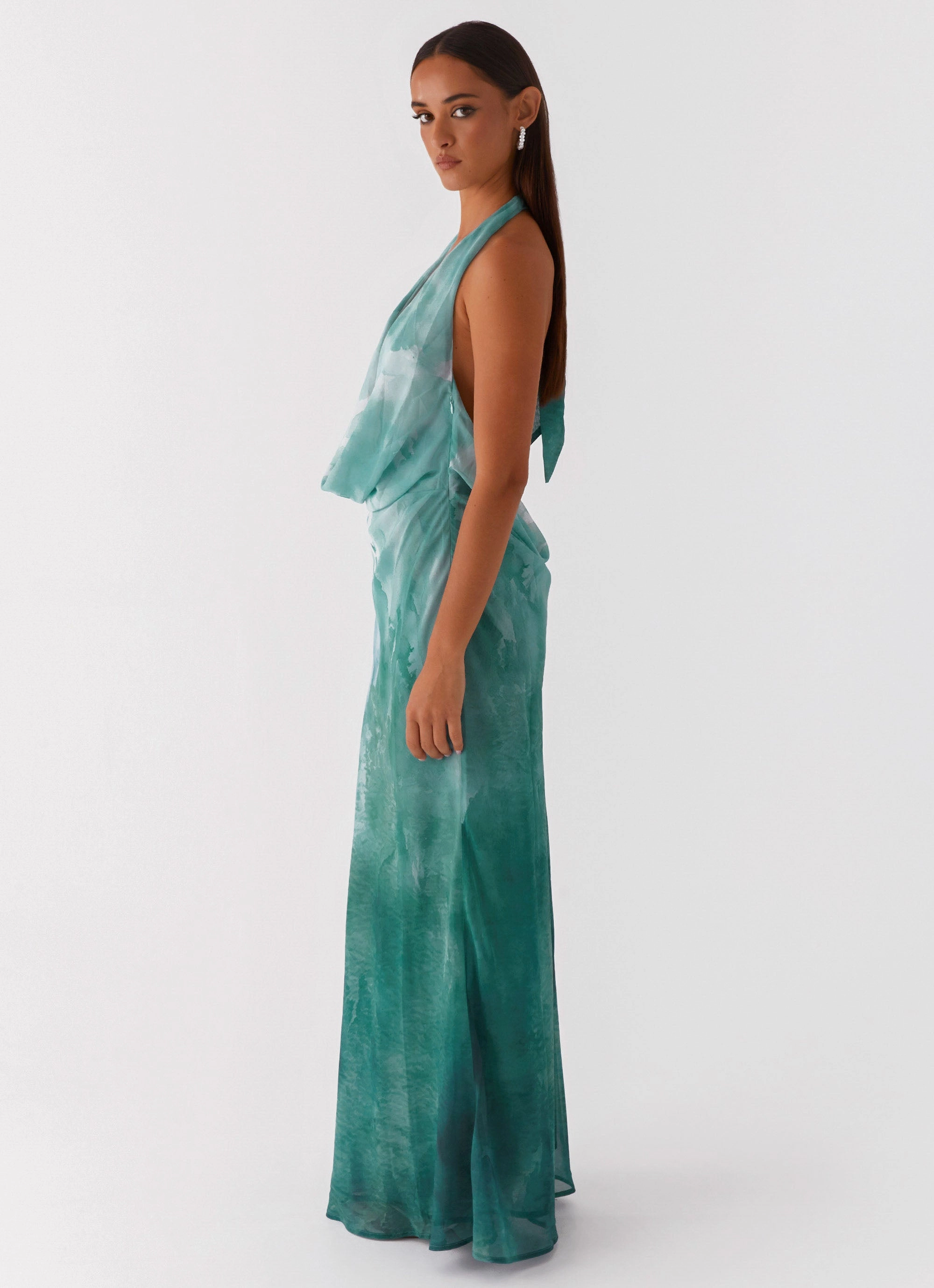 Nerissa Cowl Neck Maxi Dress - Green Tie Dye Waist-Cinching Guest Shine