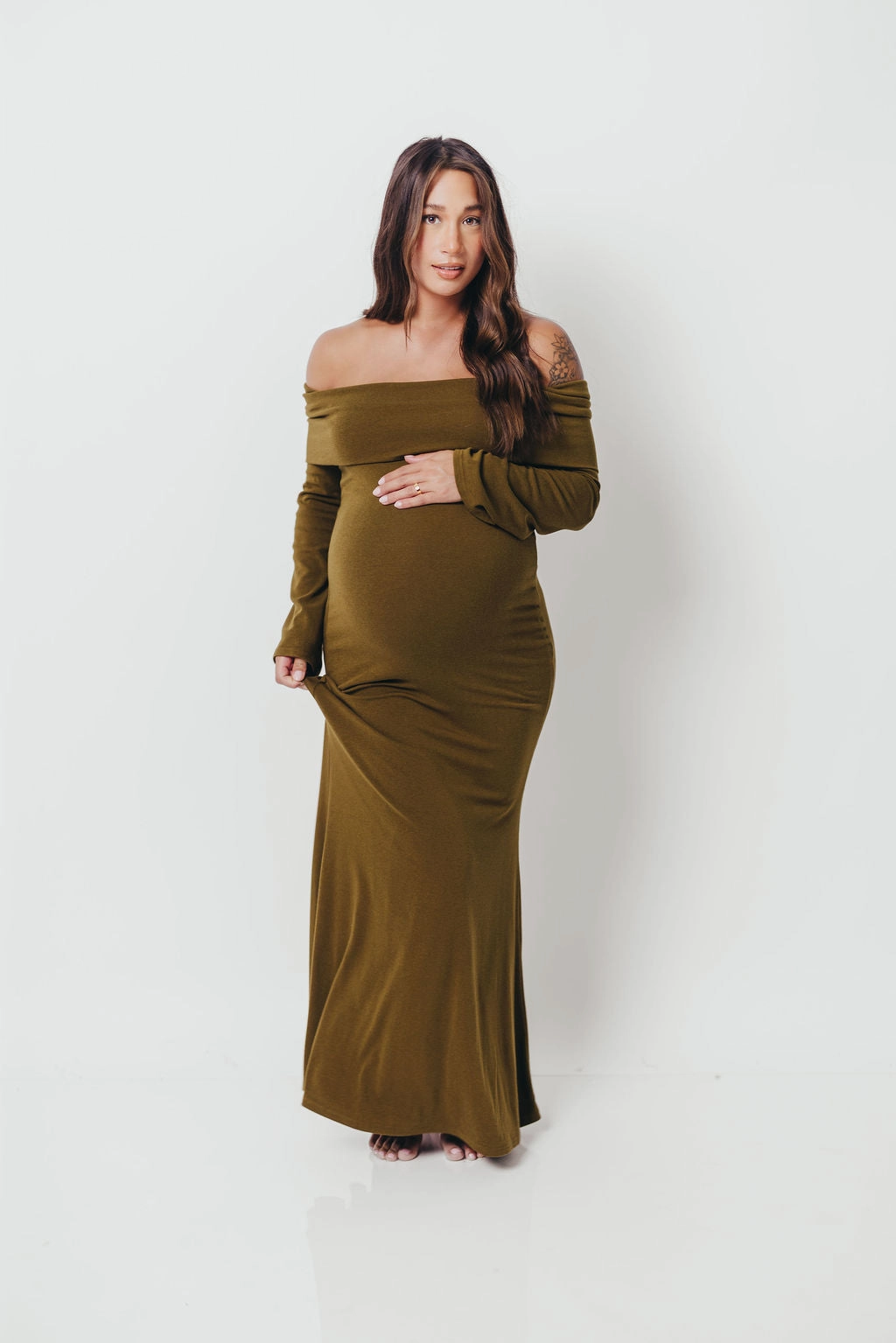 Inclusive Fit Monroe Maxi Dress with Long Sleeves in Olive Green- Bump Friendly