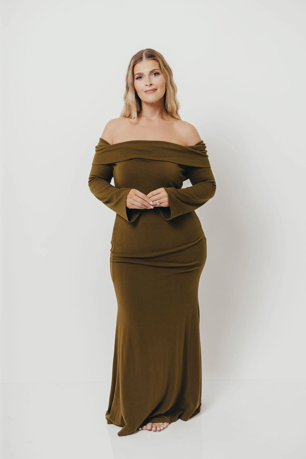 Monroe Maxi Dress with Long Sleeves in Olive Green- Bump Friendly breathable-mesh Romantic Bloom
