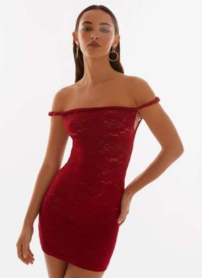 Arabella Lace Twist Shoulder Mini Dress - Red Basic Cool Light material