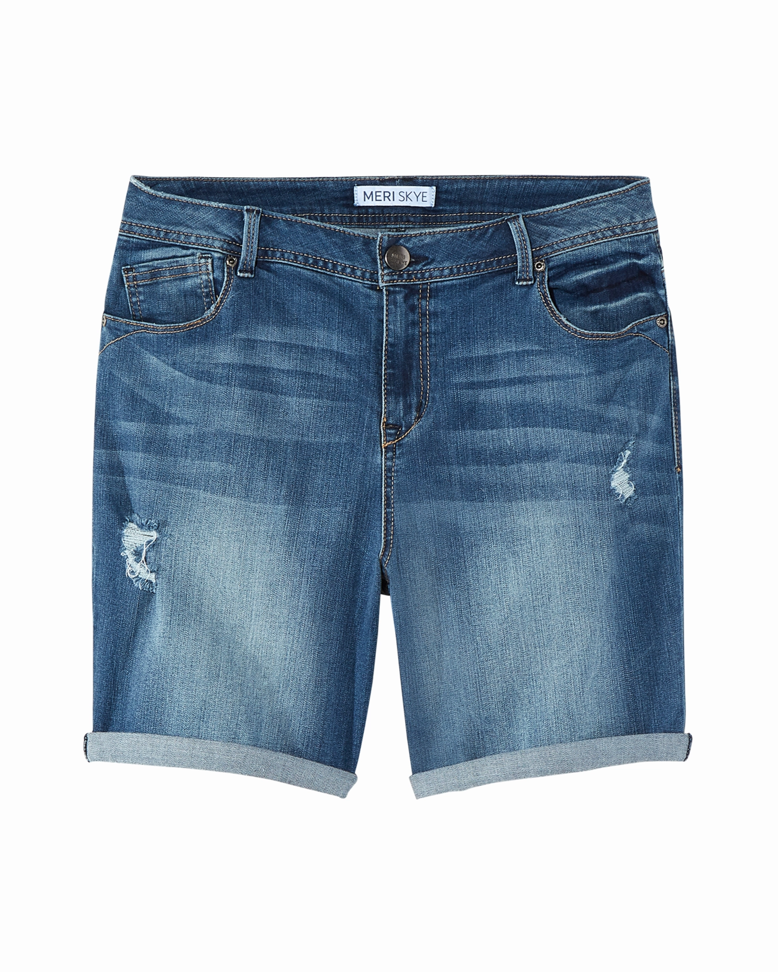 Simple Aesthetic Everit Destructed Shorts with Rolled Hem | Medium Wash