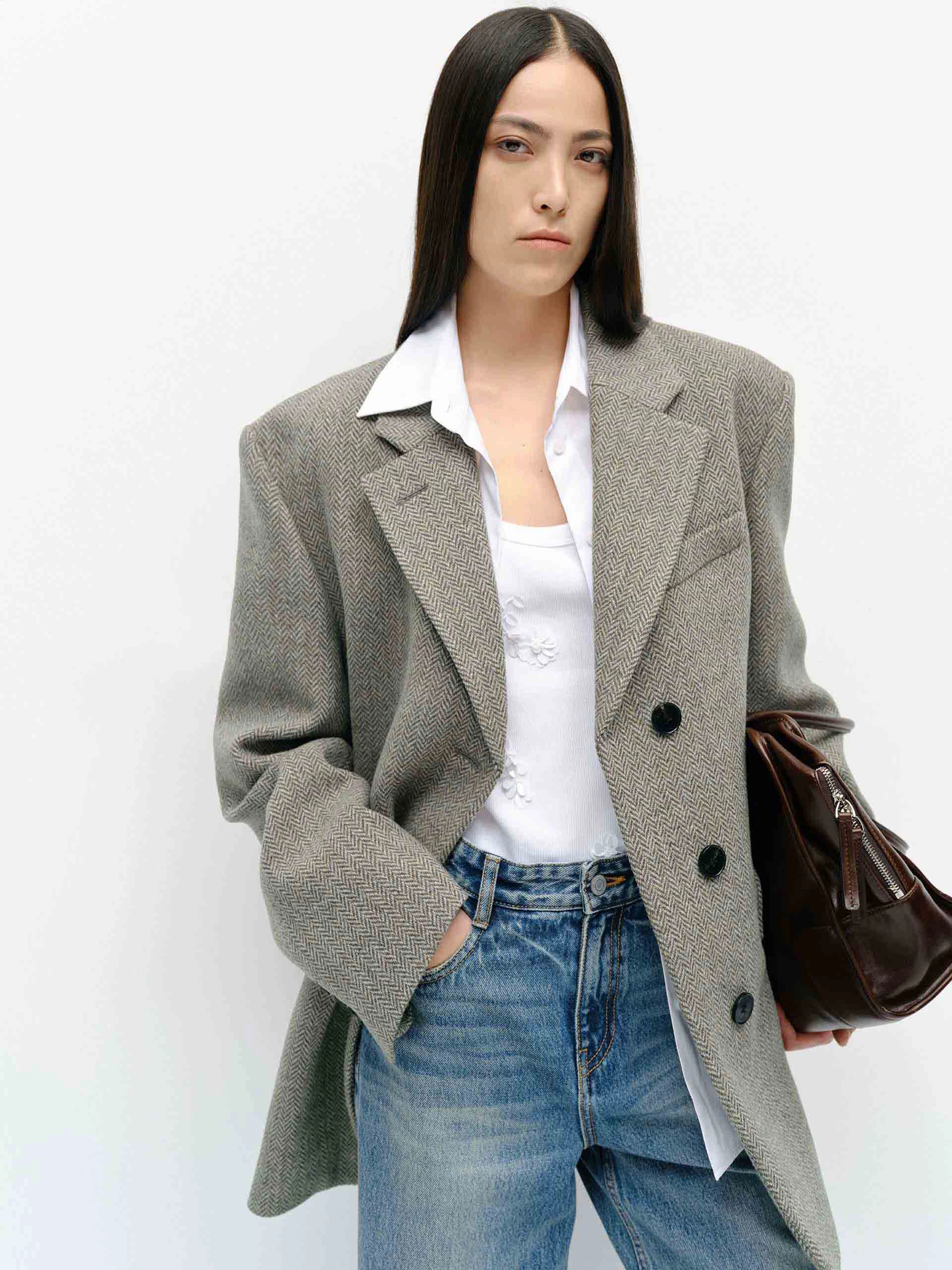 Wool Herringbone Blazer Functional Pockets Style