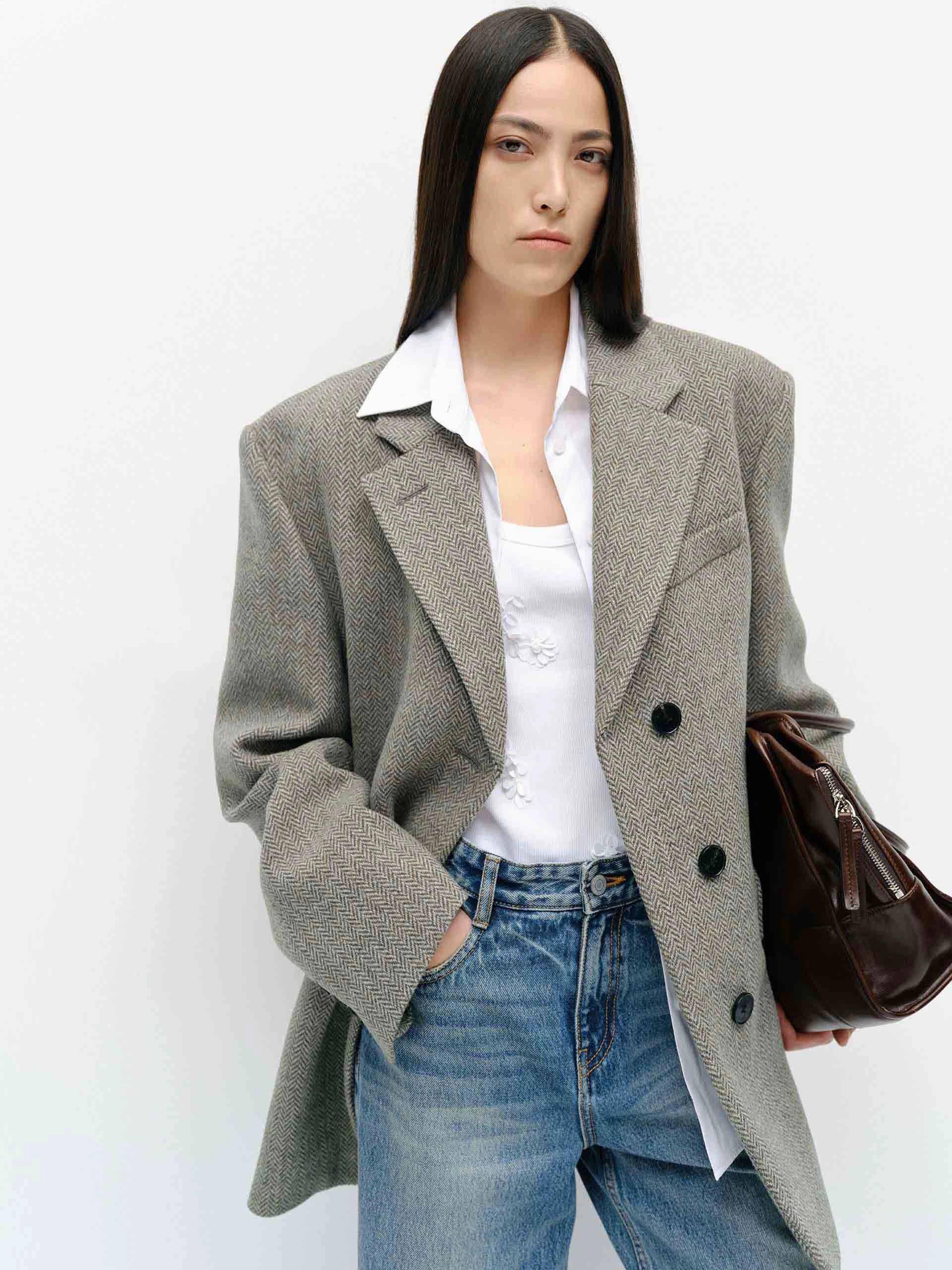 Wool Herringbone Blazer Basic Fit