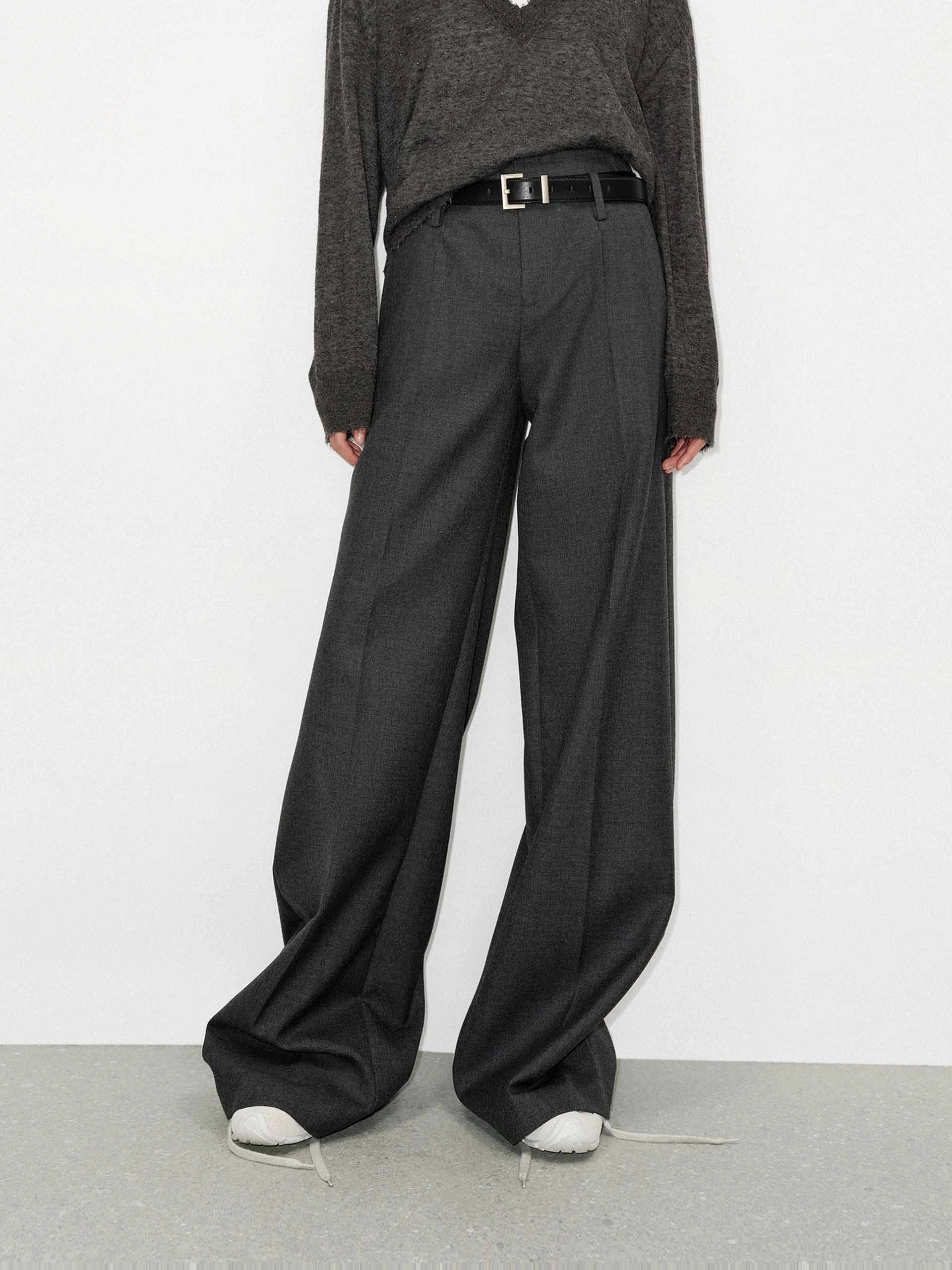 Wool Blend Belted Pants Wrinkle Resistant