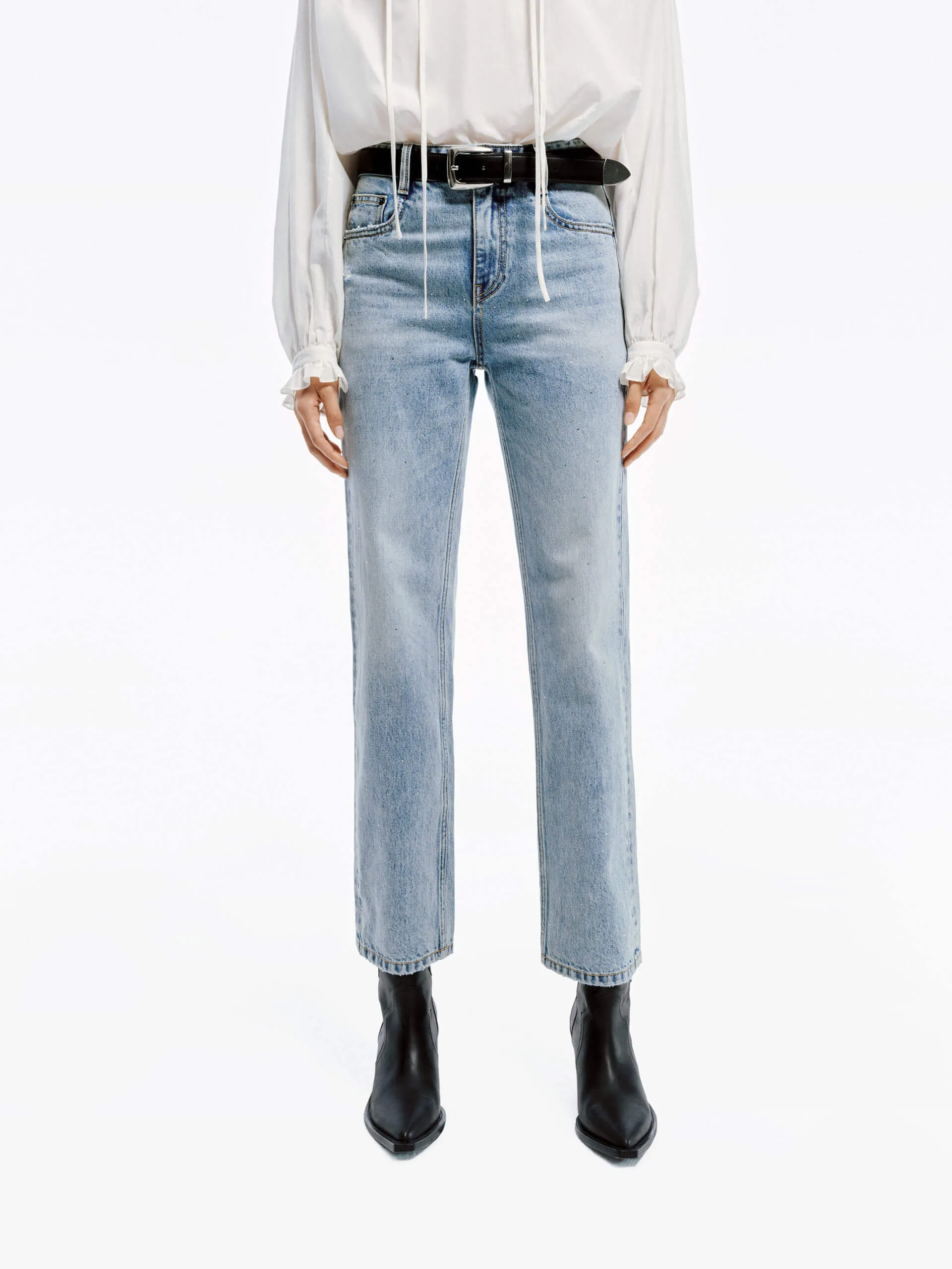 High-Quality Fabric Non Stretch Denim Light Blue Ankle Jeans