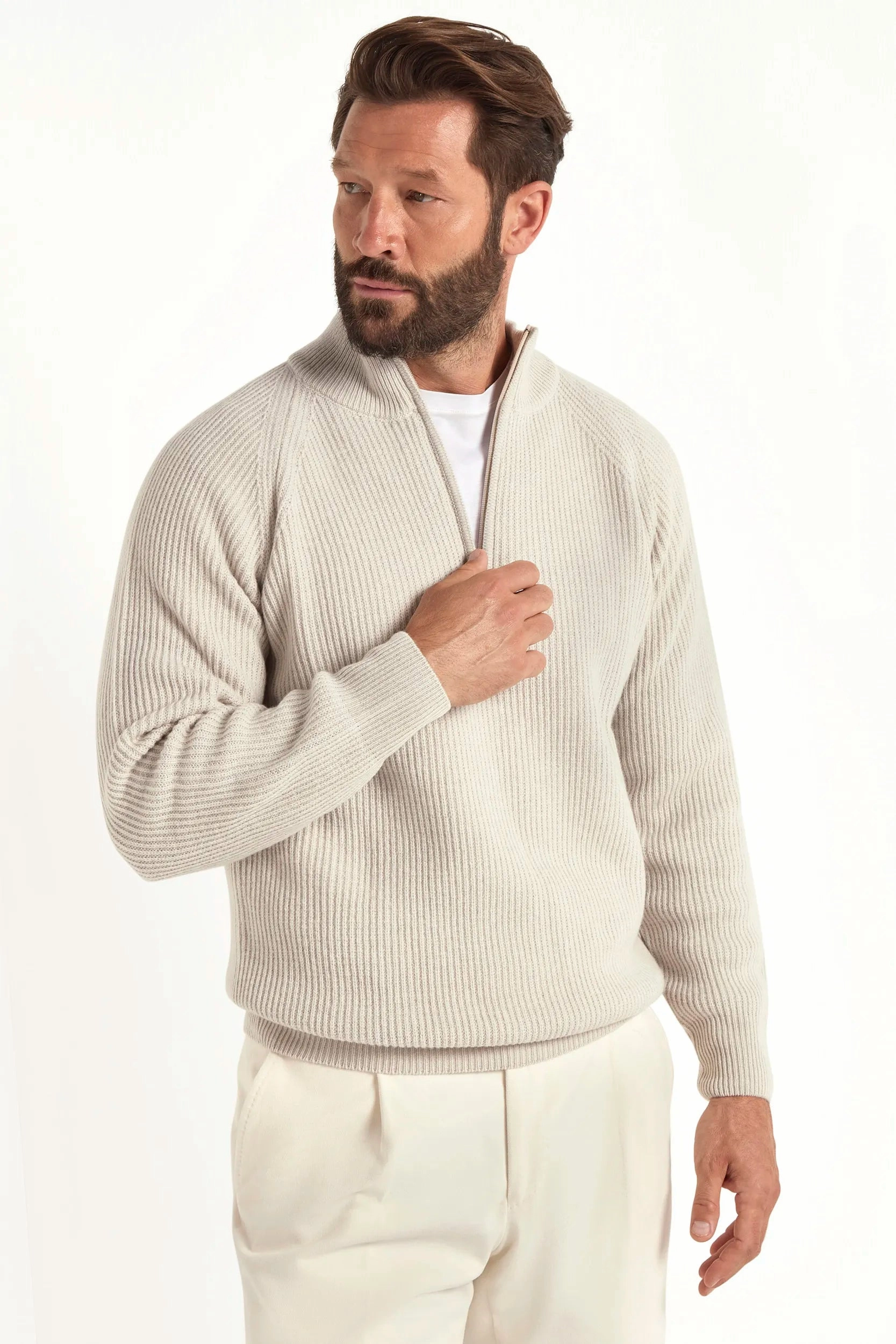 NonRestrictive Fit Sand cashmere blend ribbed half zip - Made in Italy
