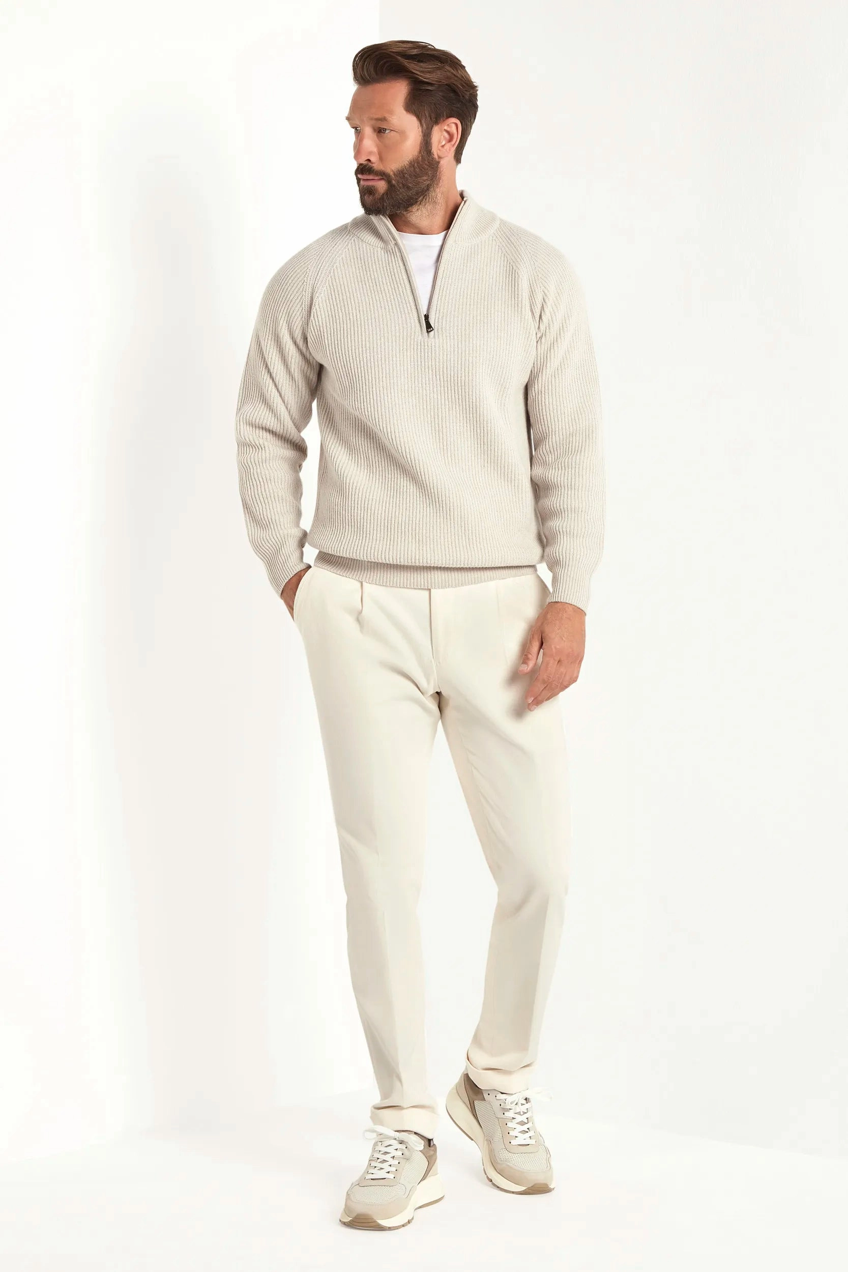 Sand cashmere blend ribbed half zip - Made in Italy Neutral Style