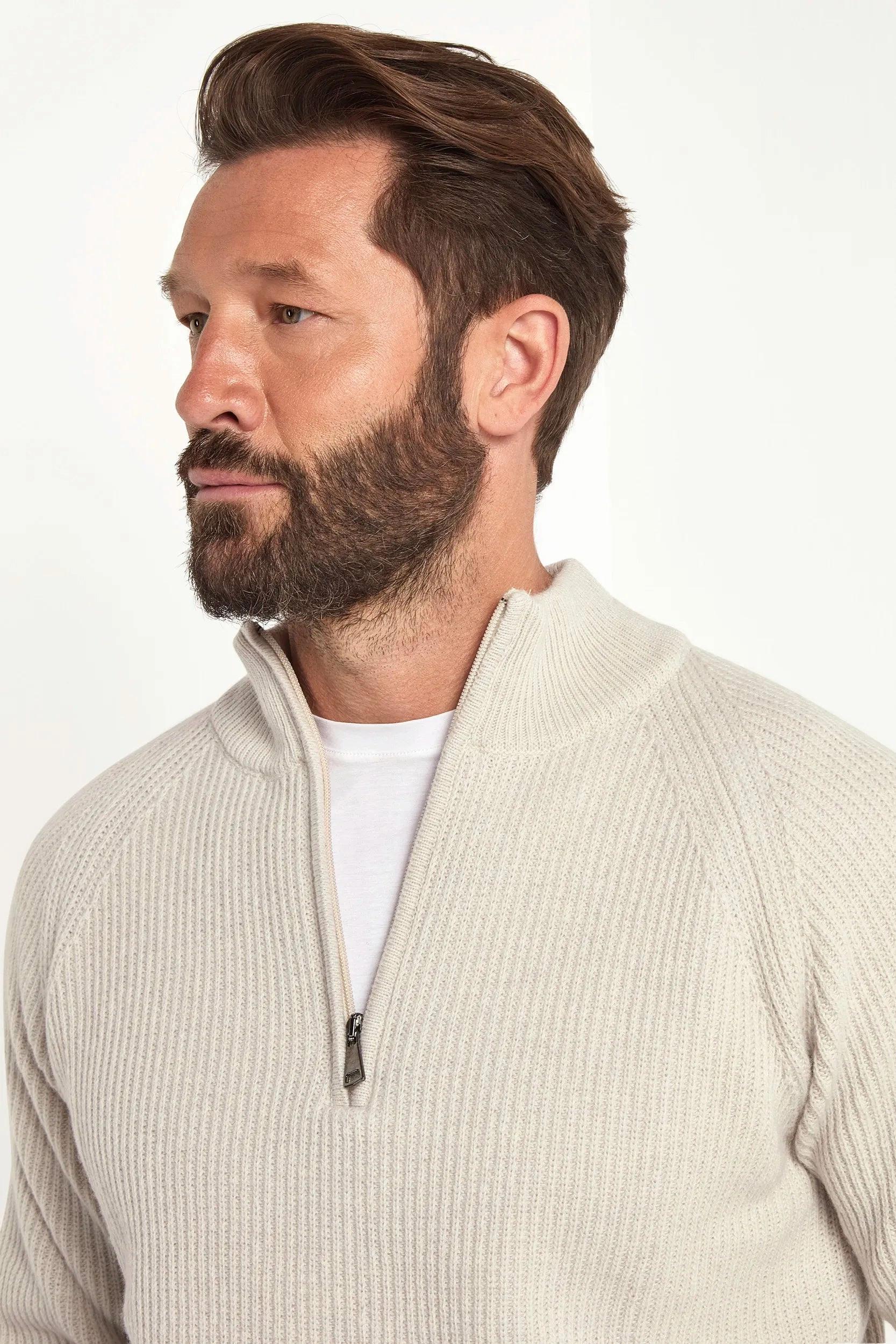 Easy Comfort Airflow channels Sand cashmere blend ribbed half zip - Made in Italy