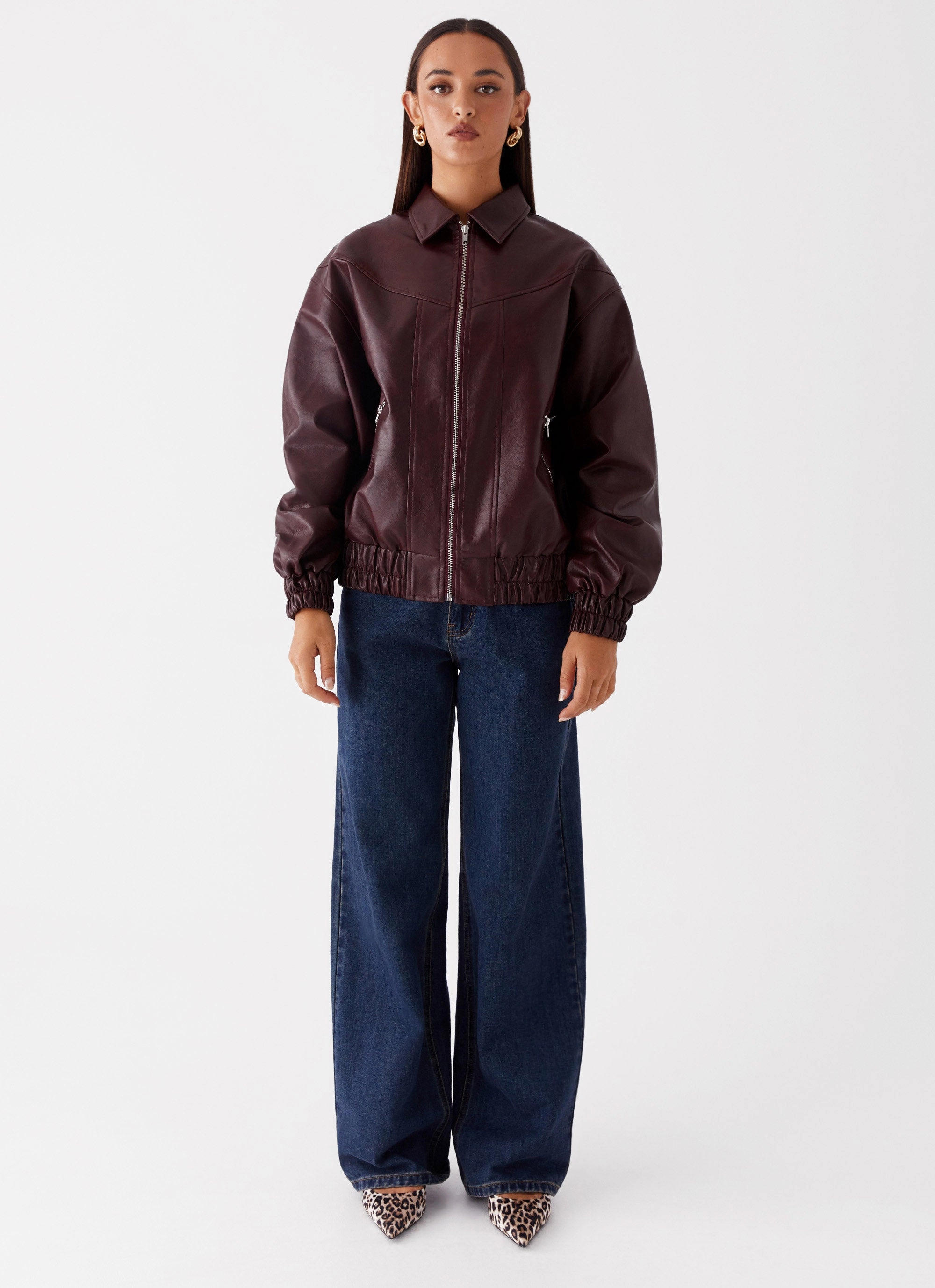 Button Closure Holland Bomber Jacket - Wine