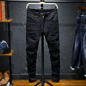 West Louis? Black Patchwork Stretch Hip Hop Denim Jean Pants Daily Attire