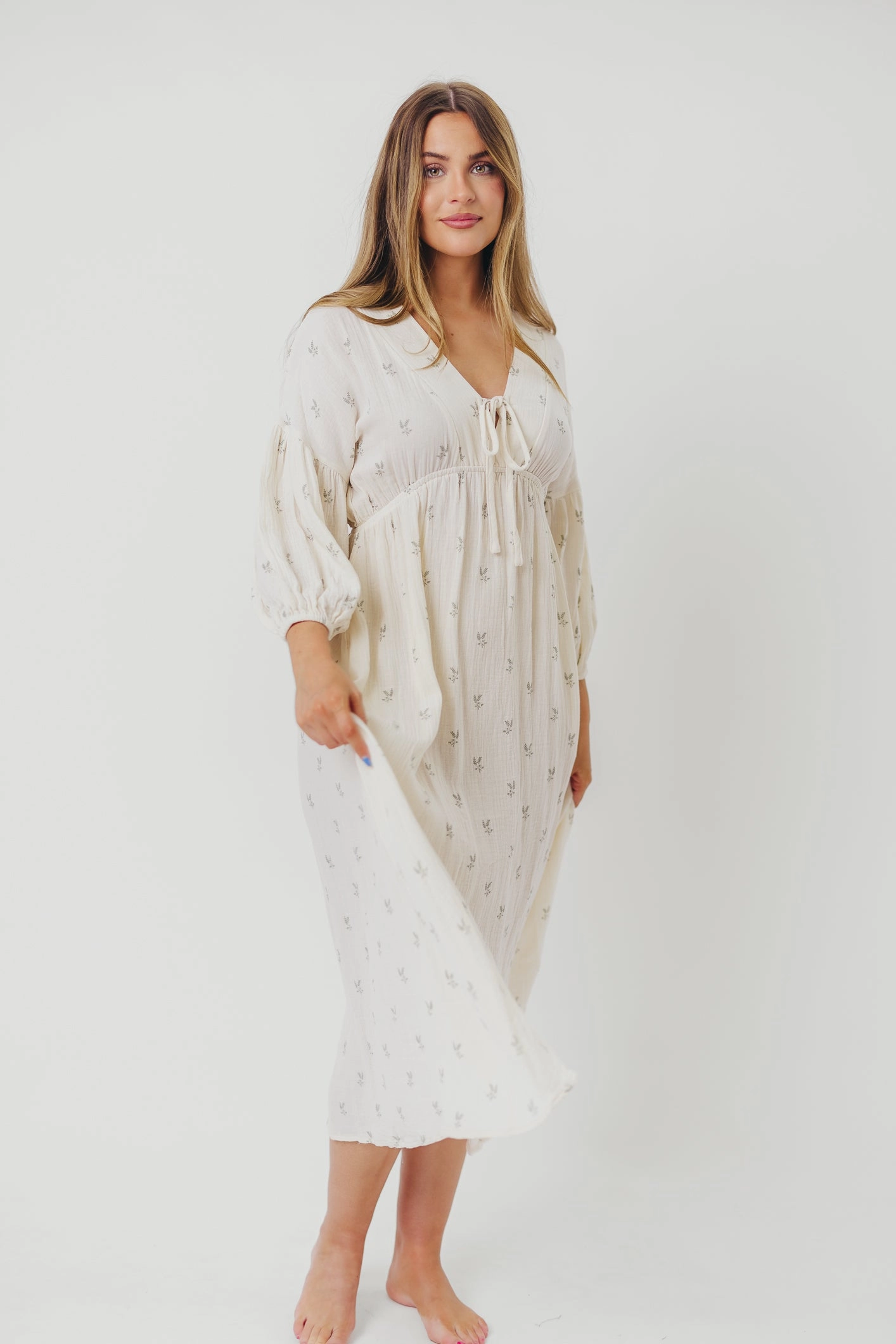 Fitted waist Wedding Style Hunter Midi Dress in Soy/Sage Foliage