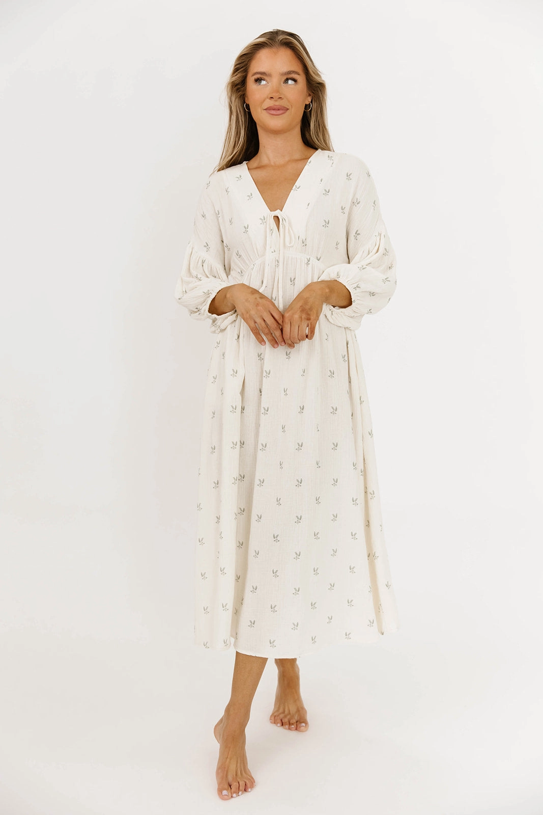 Hunter Midi Dress in Soy/Sage Foliage AntiStaticMaterial