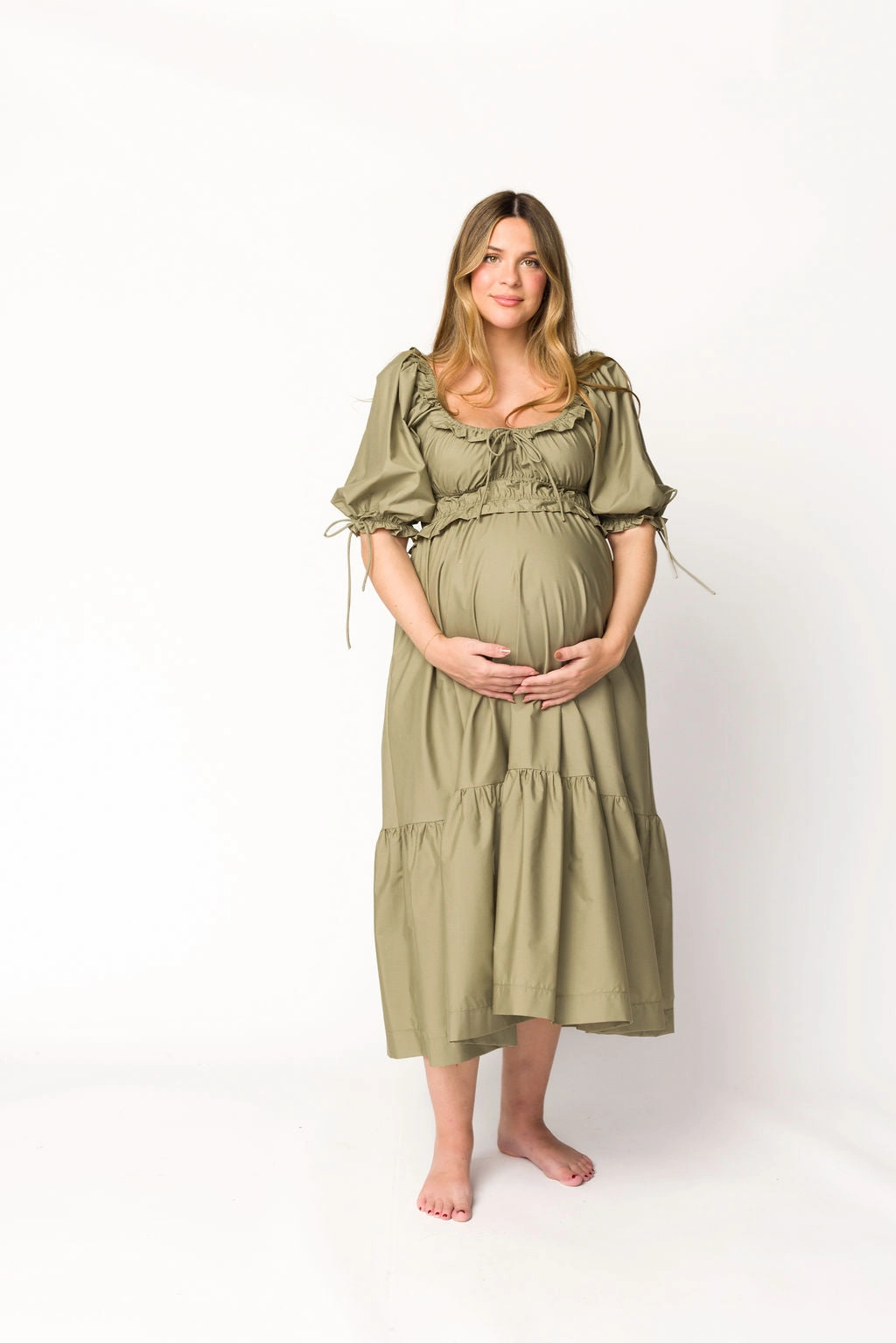 Smart Casual Pleated-Skirt Crissy Ruched Midi Dress in Dusty Olive - Bump Friendly
