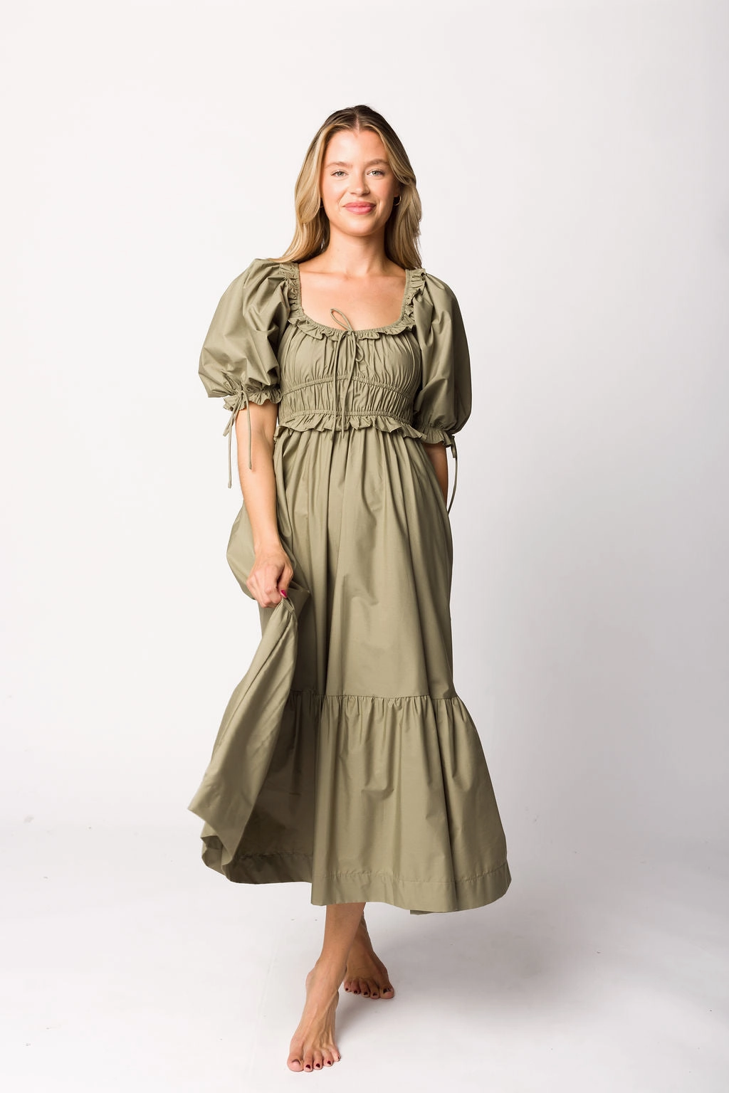 Crissy Ruched Midi Dress in Dusty Olive - Bump Friendly Casual Layers Movement Friendly