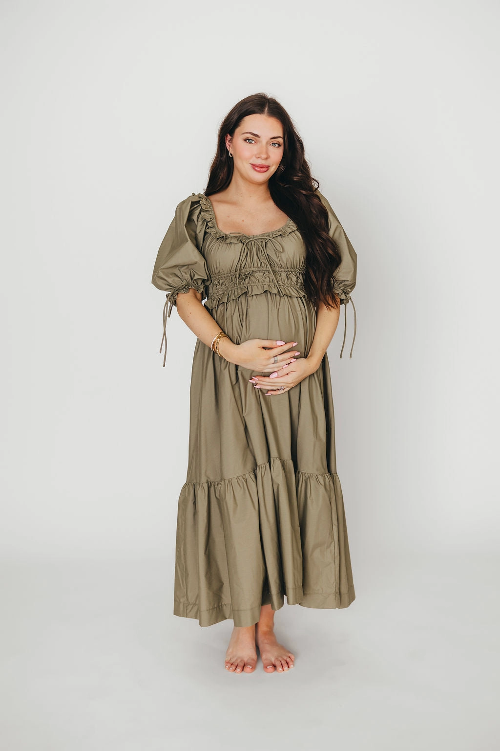 Calm Finish Crissy Ruched Midi Dress in Dusty Olive - Bump Friendly