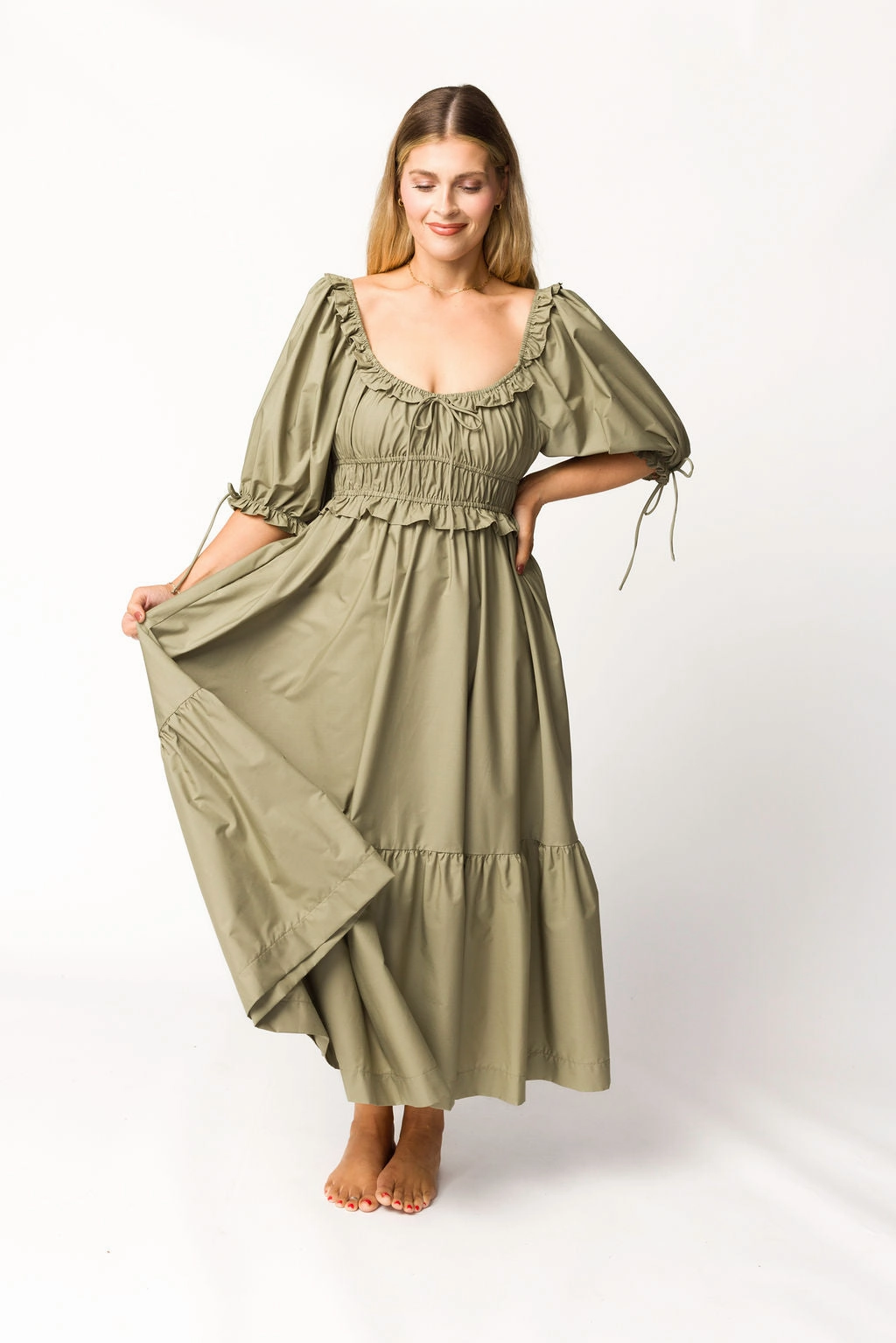 Timeless Comfort Subtle Stitch Crissy Ruched Midi Dress in Dusty Olive - Bump Friendly