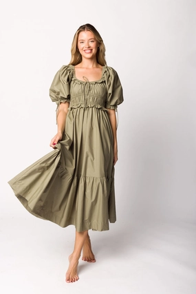 Chic beachwear dress Crissy Ruched Midi Dress in Dusty Olive - Bump Friendly