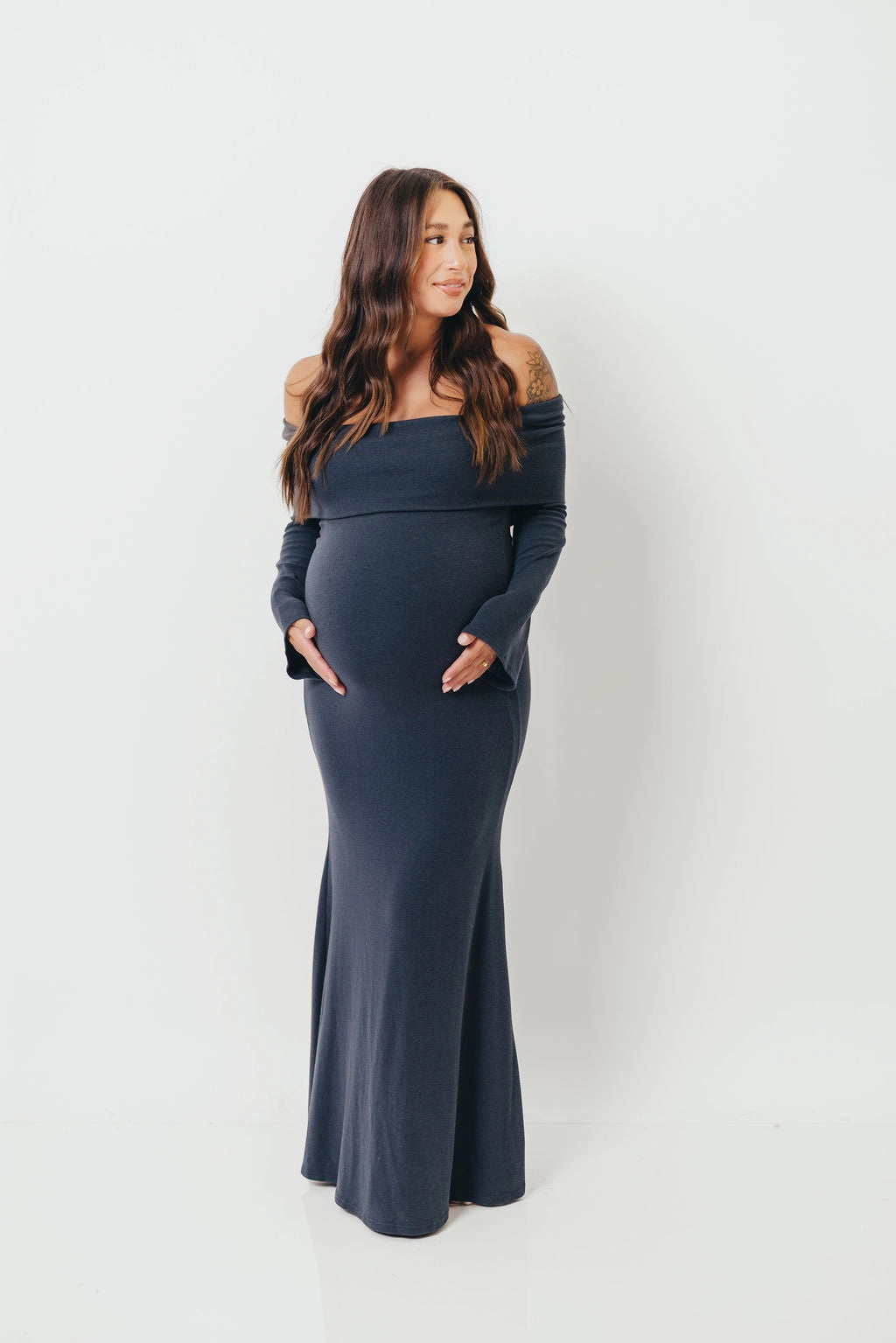 Comfortable Silhouette Lace Fine Monroe Maxi Dress with Long Sleeves in Dusty Navy- Bump Friendly