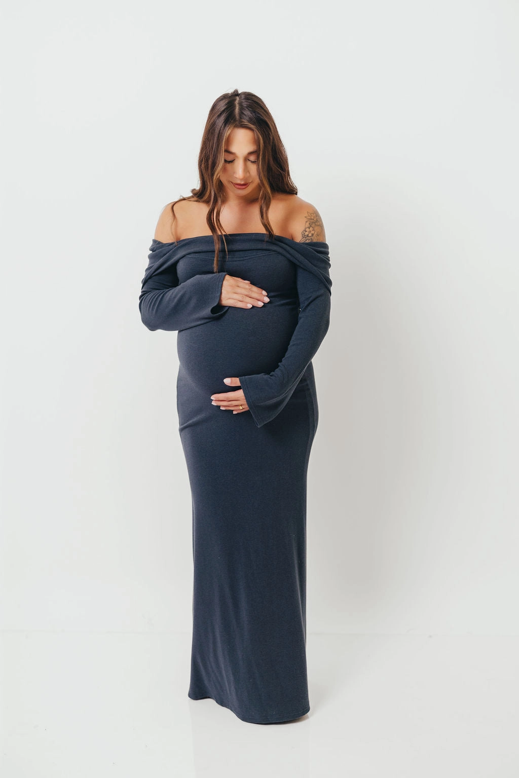 Monroe Maxi Dress with Long Sleeves in Dusty Navy- Bump Friendly Easy Flow Pretty Glow
