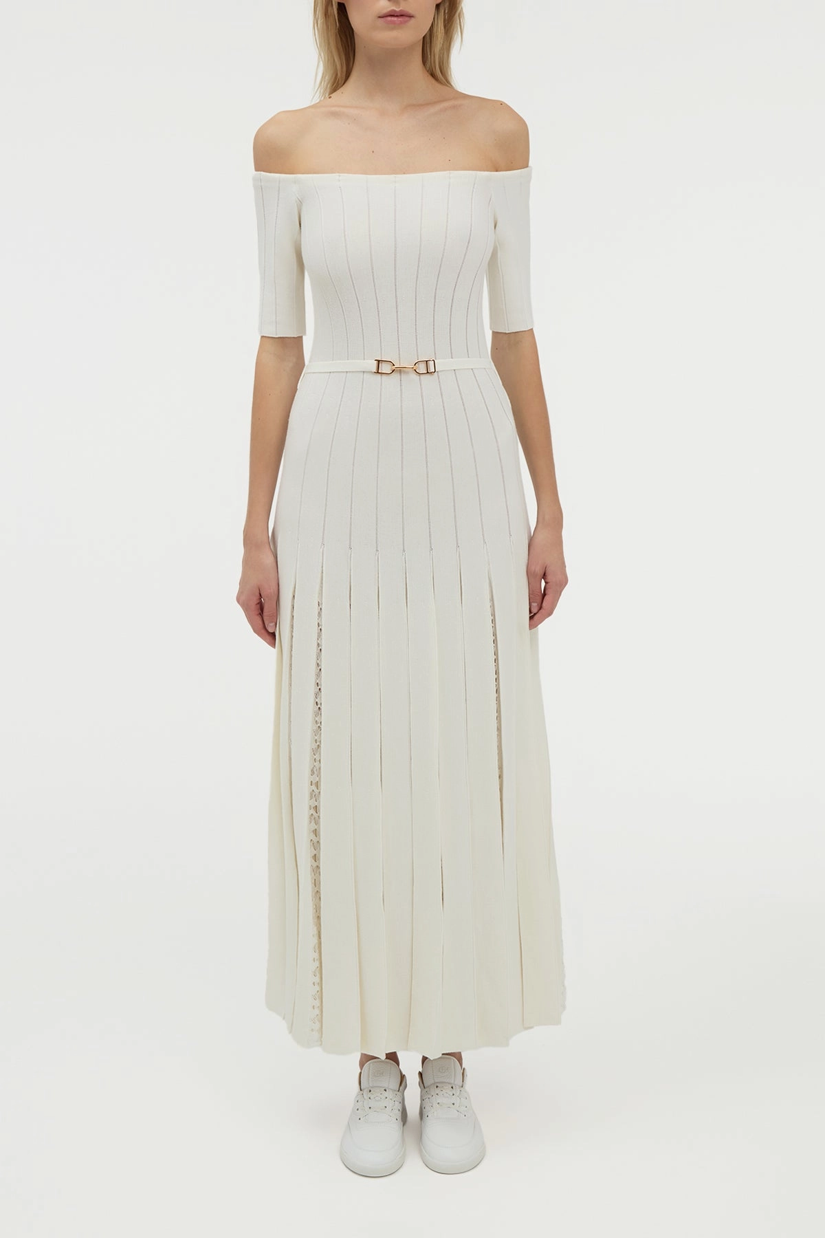 Shrink Resistant Process Eco Certified Fibers Kurt Knit Pleated Maxi Dress in Ivory Merino Wool
