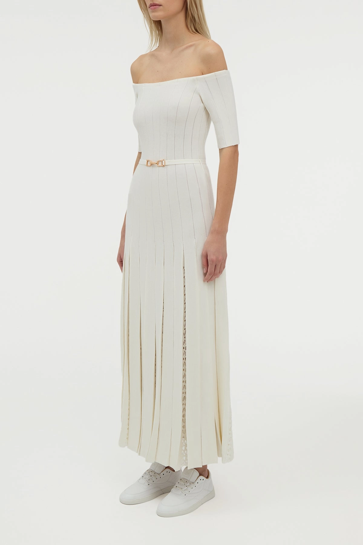 Gentle Stretch Waistband Breathable fabric Kurt Knit Pleated Maxi Dress in Ivory Merino Wool
