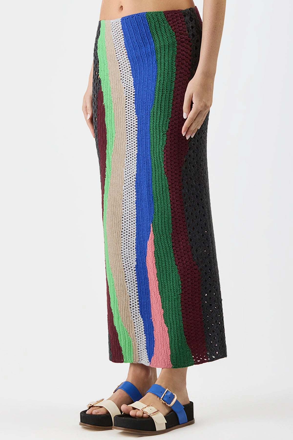 Fatima Crochet Maxi Skirt in Multi Cashmere Thermal Lined Cuffs Recycled Polyester Yarn