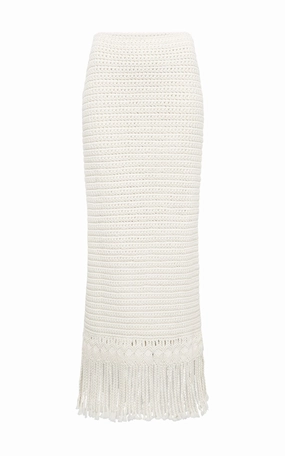 Macha Fringe Crochet Maxi Skirt in Ivory Cashmere Moisture Wicking Texture Daily Layer