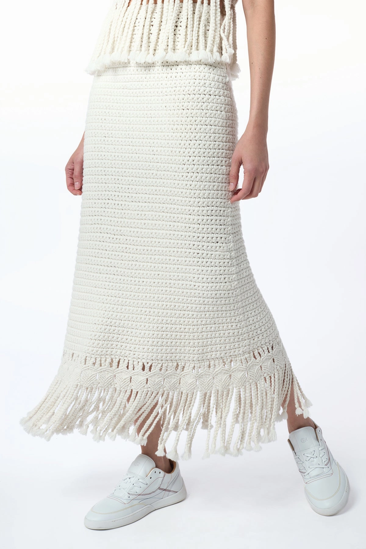 Macha Fringe Crochet Maxi Skirt in Ivory Cashmere Eco Conscious Production Lightwear Look