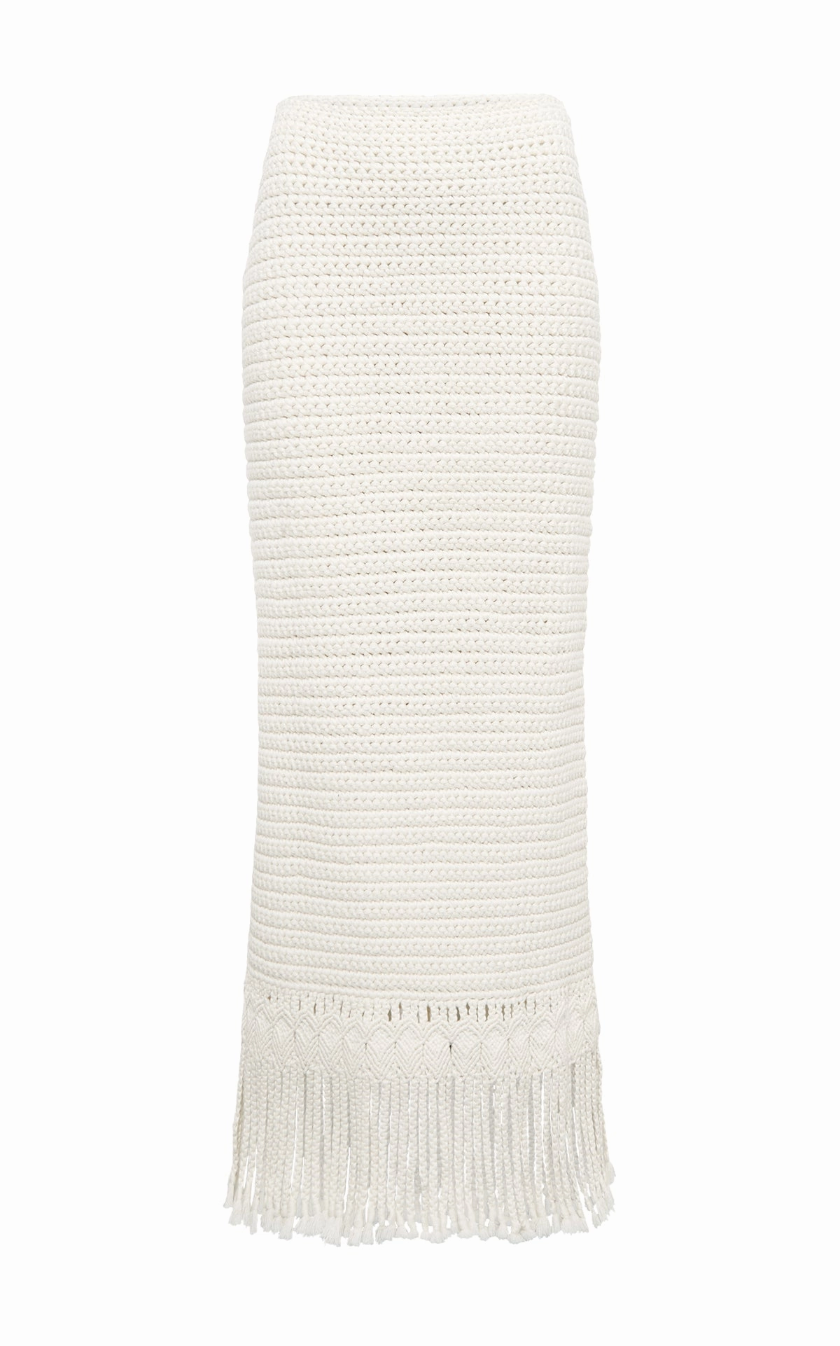 Macha Fringe Crochet Maxi Skirt in Ivory Cashmere Moisture Wicking Texture Daily Layer