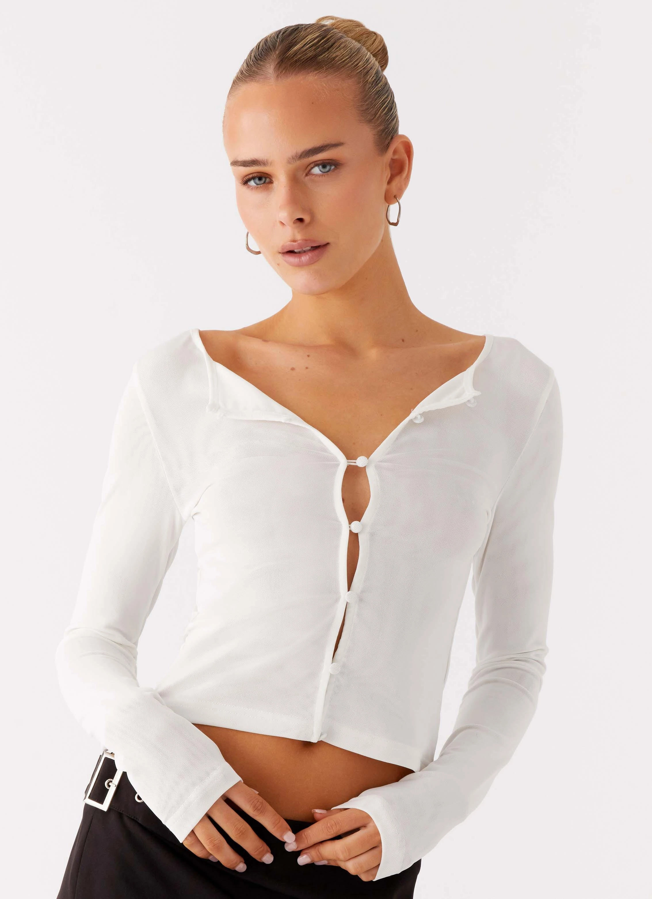 Fifth Ave Mesh Long Sleeve Top - Off White short term lease Urban Style