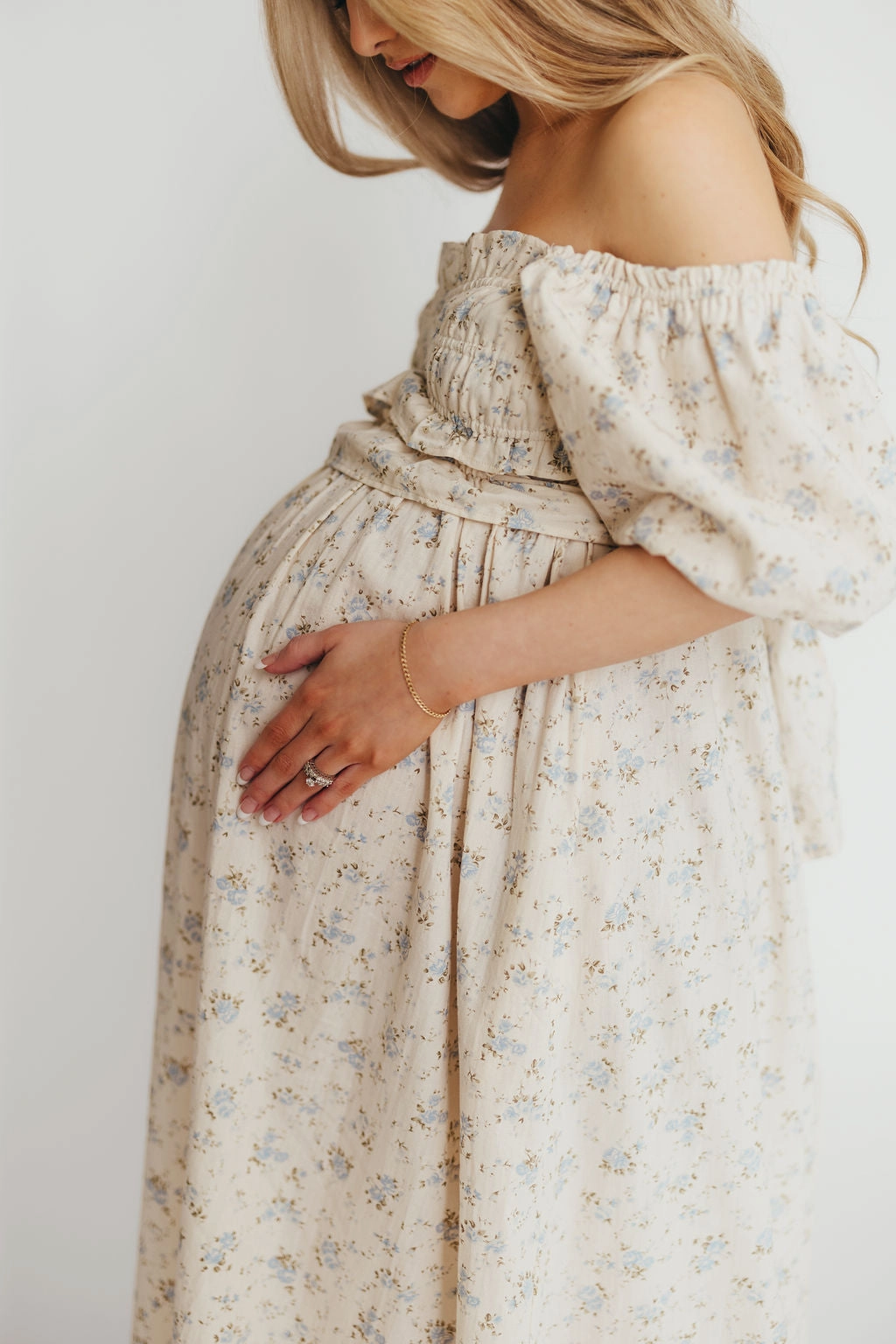 Theater-Night Finley 100% Cotton Peplum Midi Dress in Ivory/Blue - Bump & Nursing Friendly