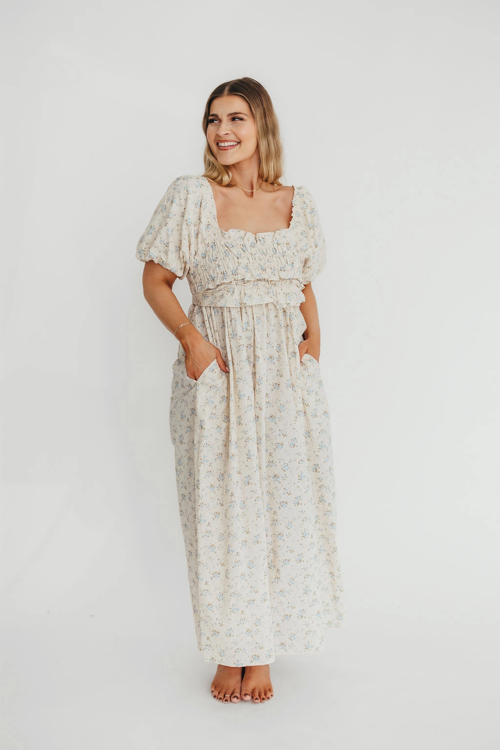 Finley 100% Cotton Peplum Midi Dress in Ivory/Blue - Bump & Nursing Friendly Stylish Look Profile Enhancer